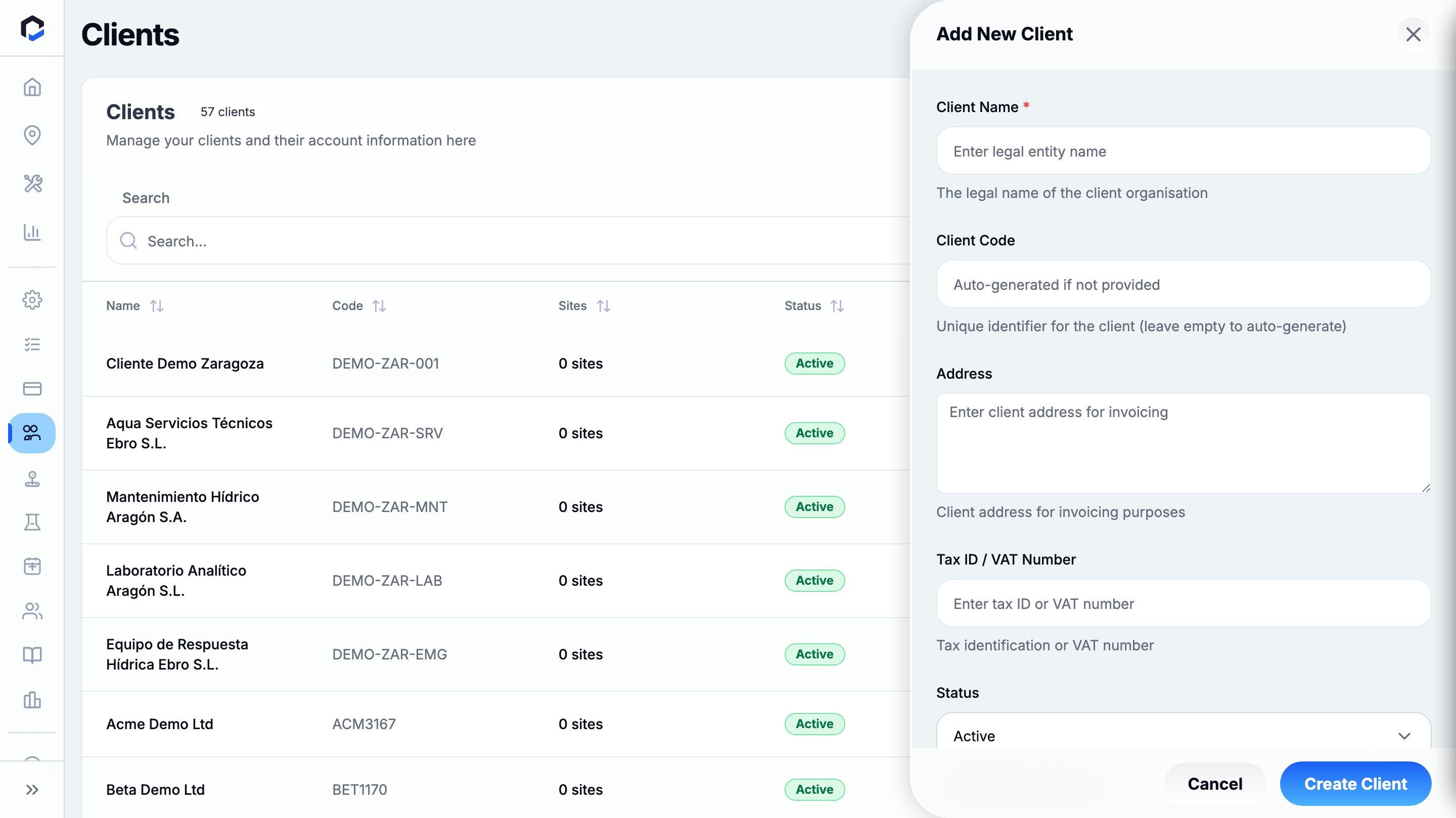Add New Client panel (empty): Client Name, Client Code (auto), Address, Tax ID/VAT, Status, Notes.