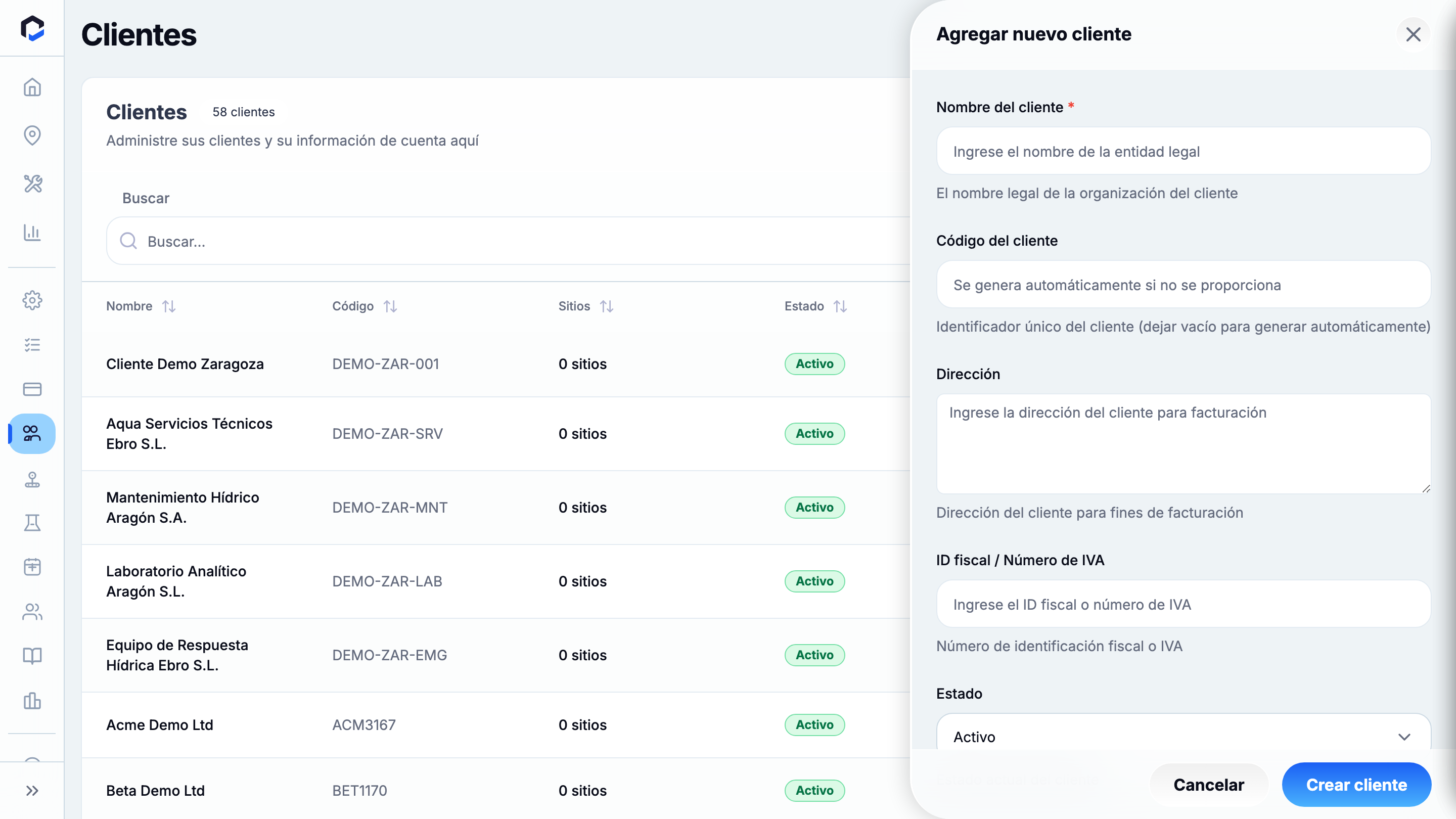 Add New Client panel (empty): Client Name, Client Code (auto), Address, Tax ID/VAT, Status, Notes.