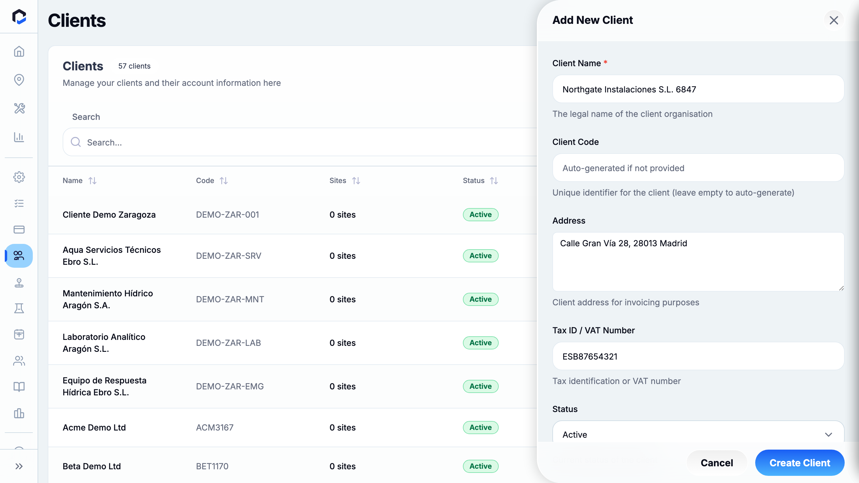 Add New Client with ALL fields filled — name, address, Tax ID/VAT and Notes (Client Code left blank to auto-generate, Status Active).