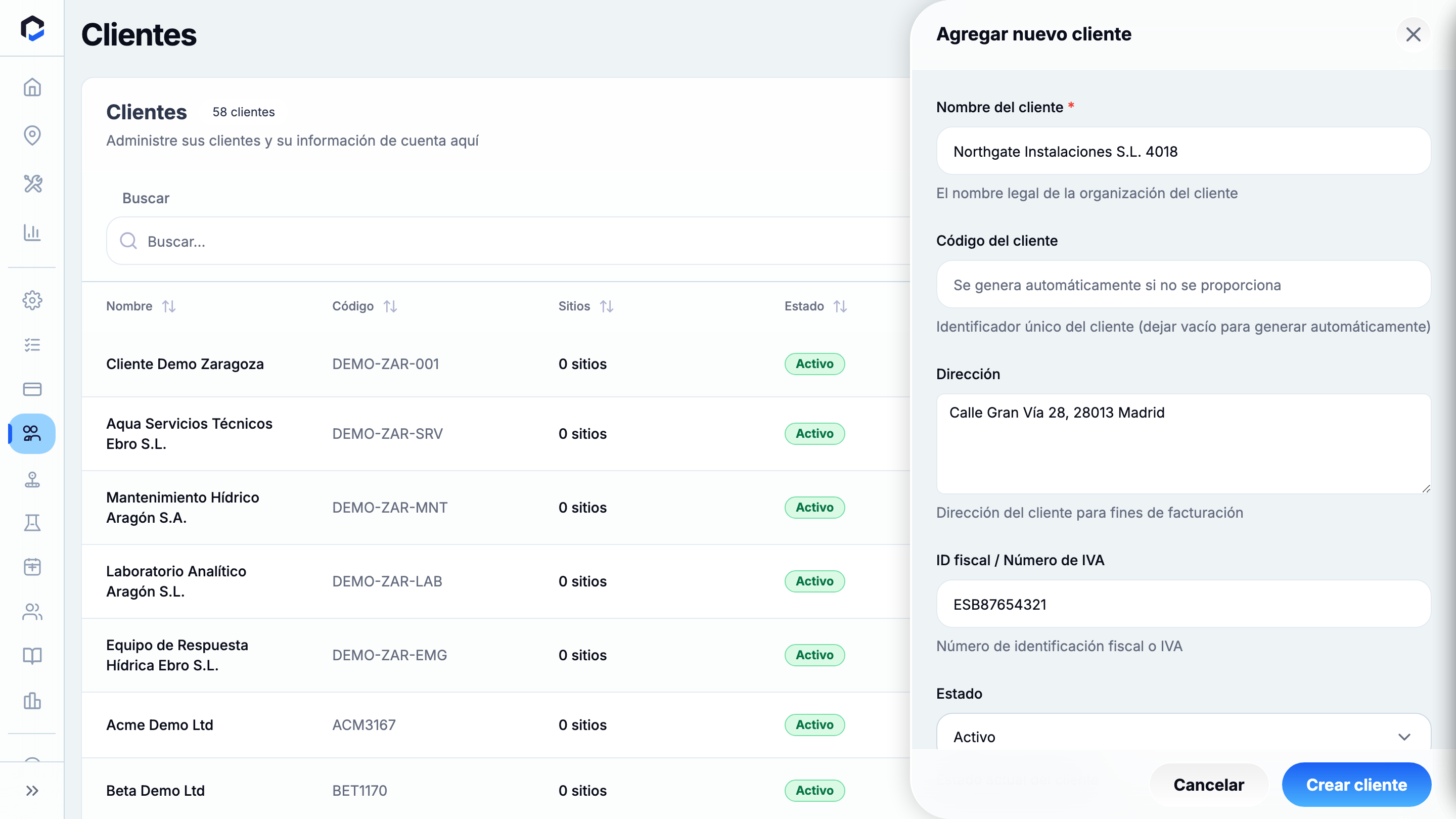 Add New Client with ALL fields filled — name, address, Tax ID/VAT and Notes (Client Code left blank to auto-generate, Status Active).