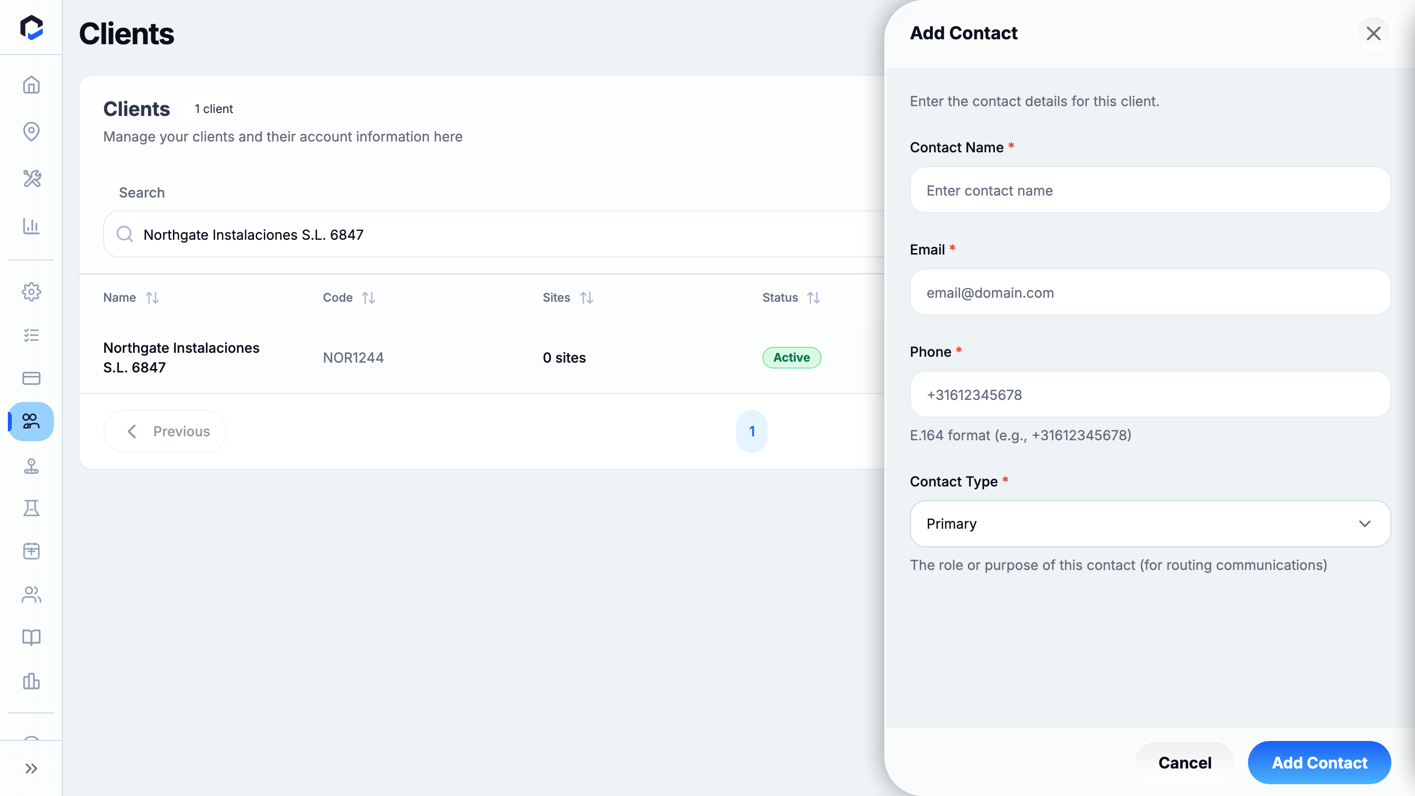 Add Contact form (empty): Contact Type, Name, Email and Phone before entering details.