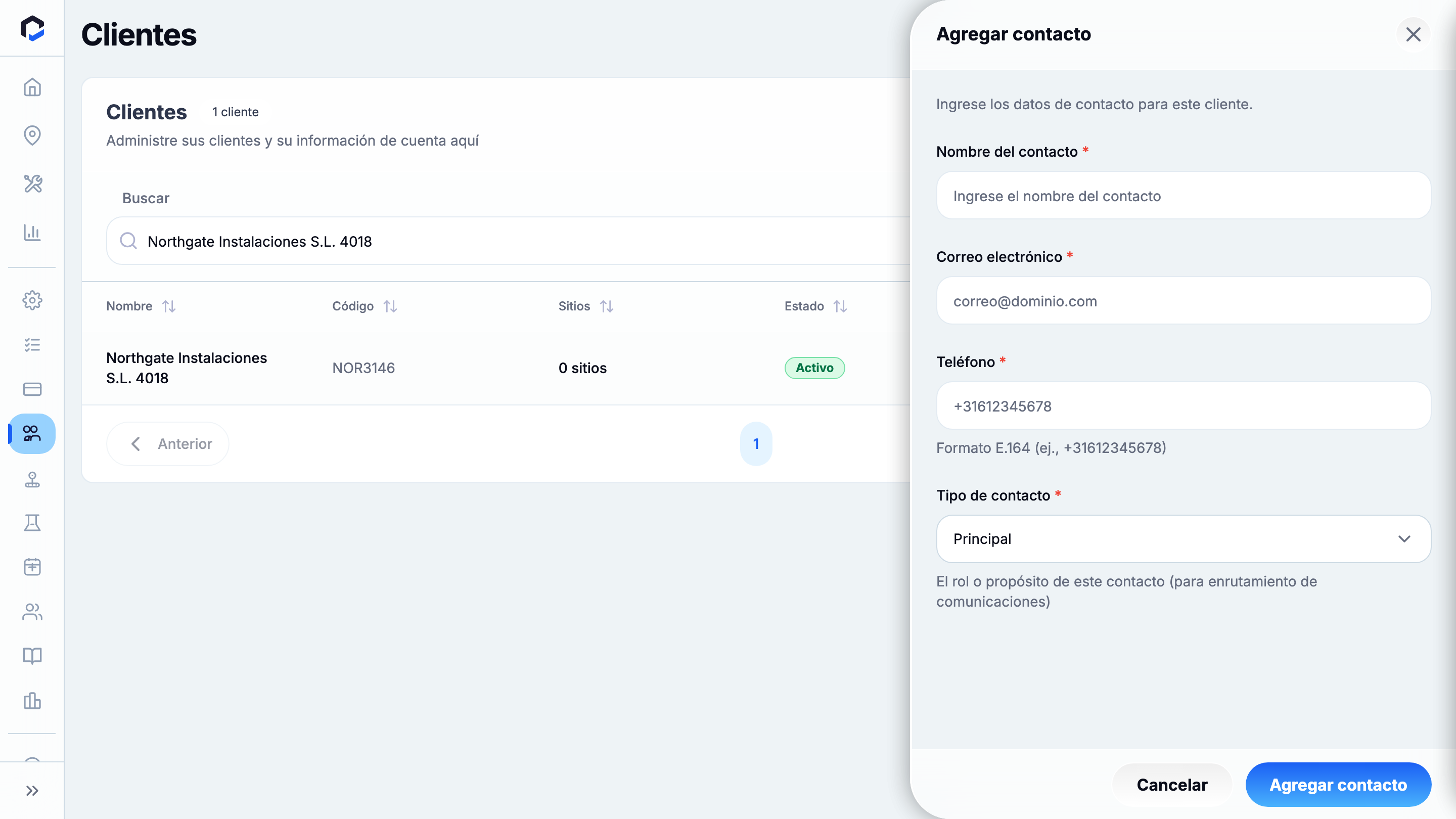 Add Contact form (empty): Contact Type, Name, Email and Phone before entering details.
