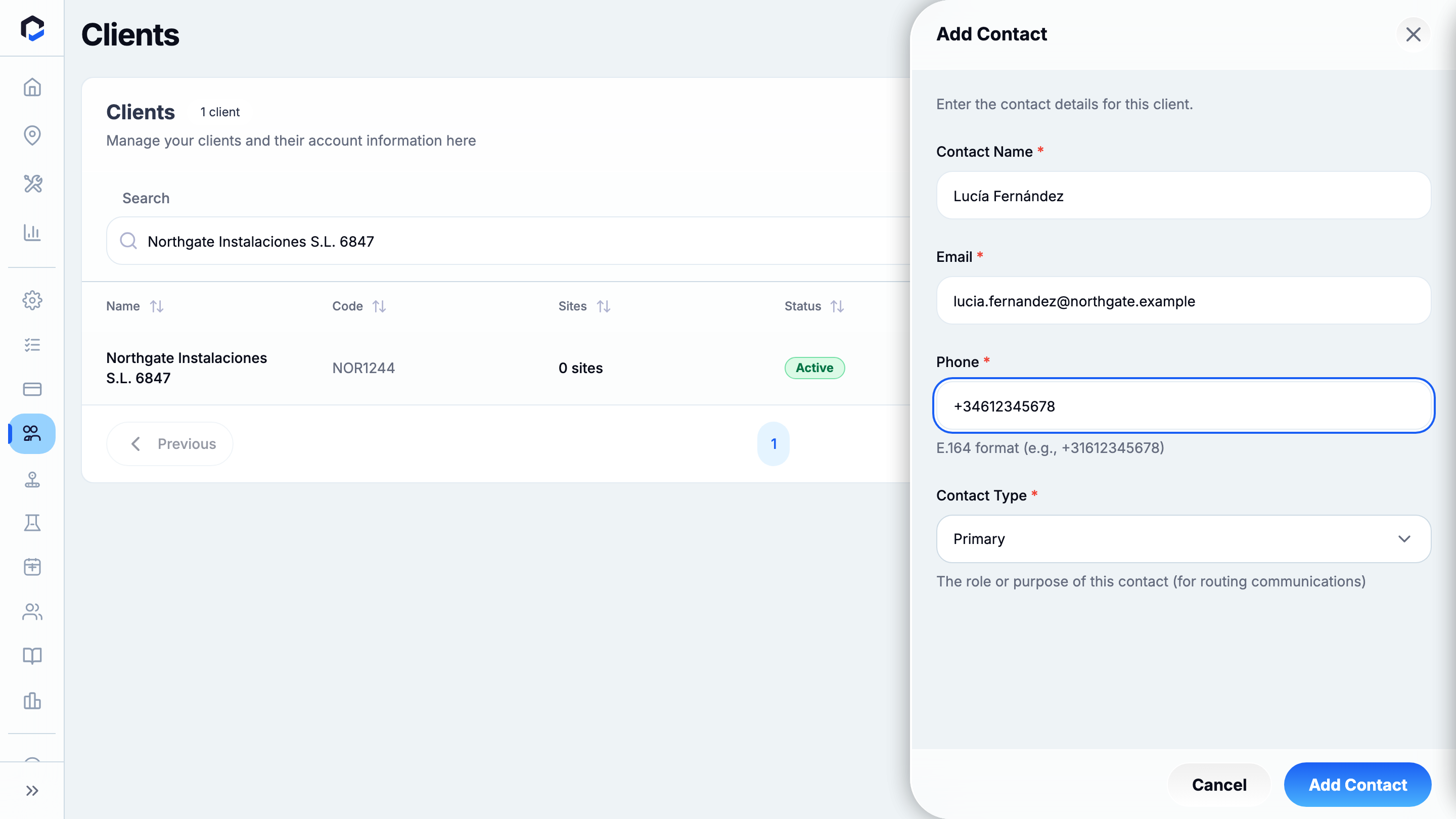 Add Contact form filled — Contact Name, Email, E.164 phone and Contact Type Primary (ready to add).
