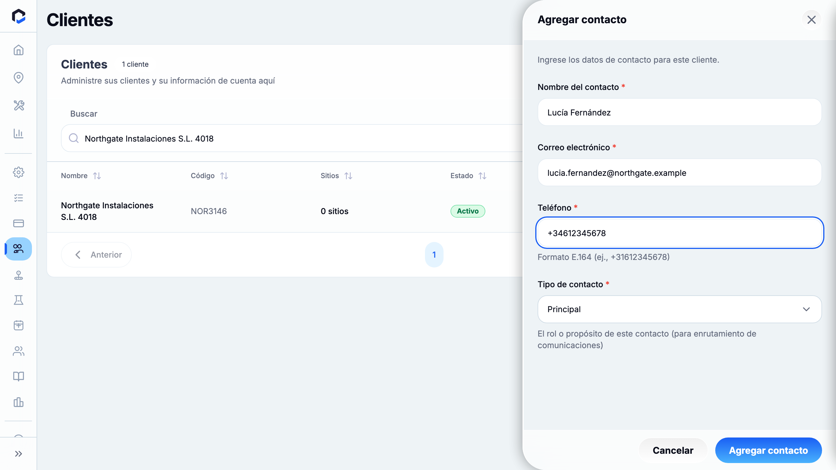 Add Contact form filled — Contact Name, Email, E.164 phone and Contact Type Primary (ready to add).