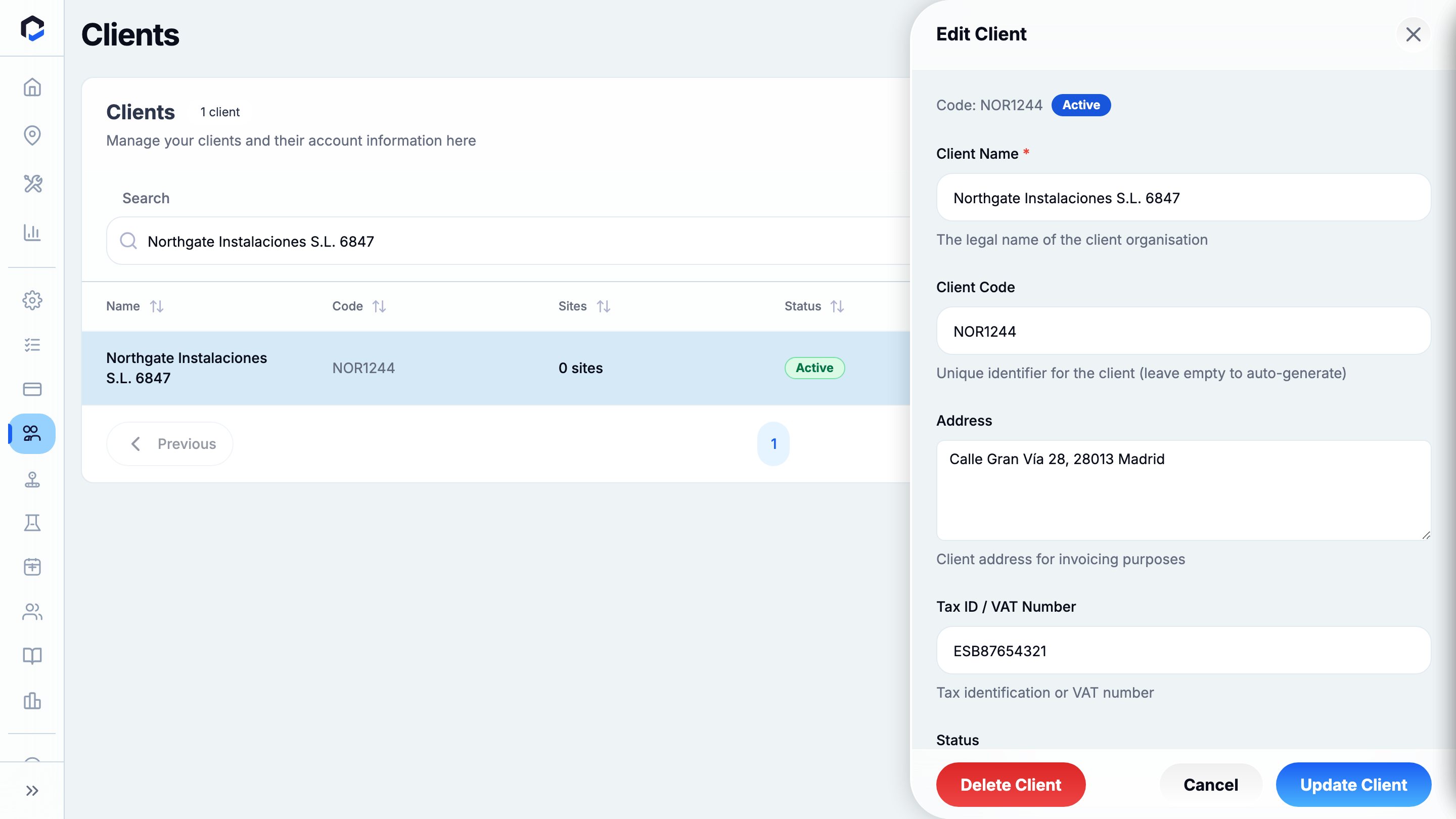 Edit Client panel: code, status, editable fields, Delete/Cancel/Update.