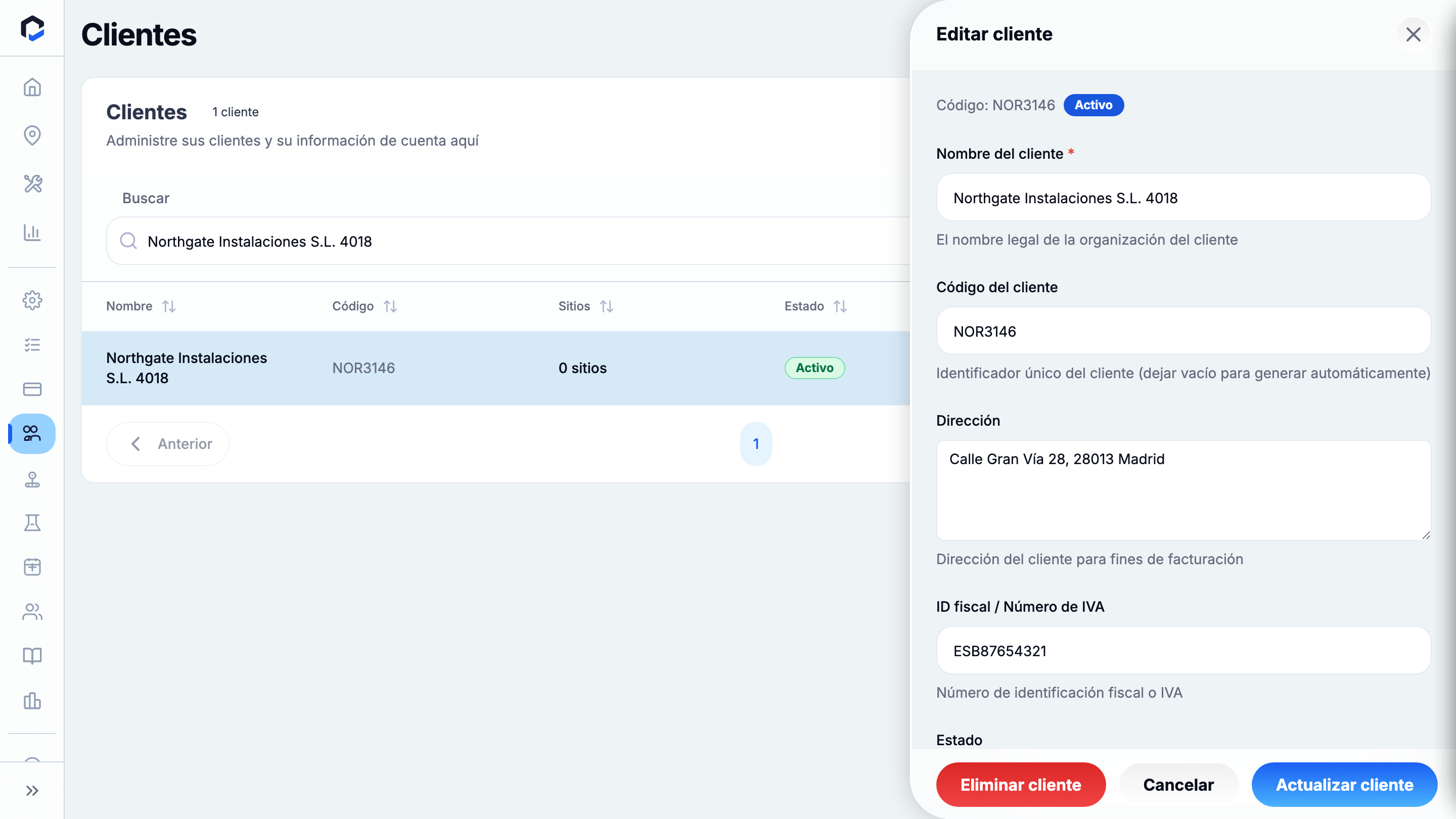 Edit Client panel: code, status, editable fields, Delete/Cancel/Update.