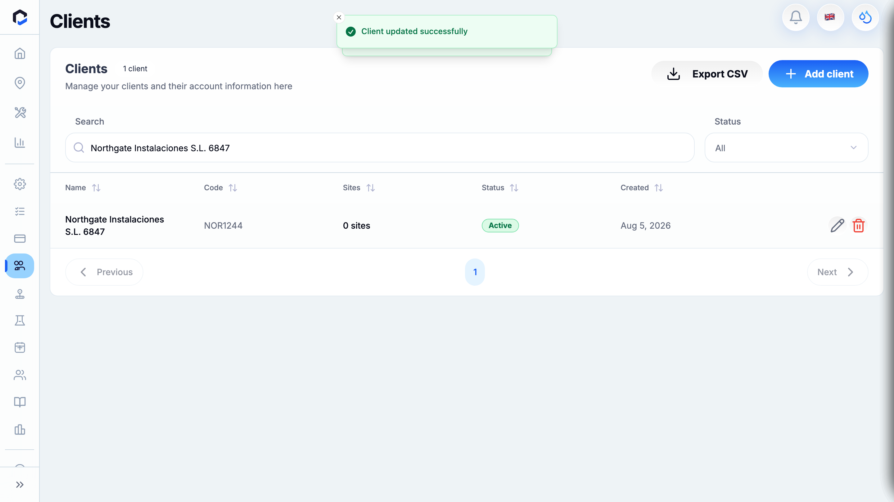 The finished client record — client created and the contact step completed, back on the client overview. End of the workflow.