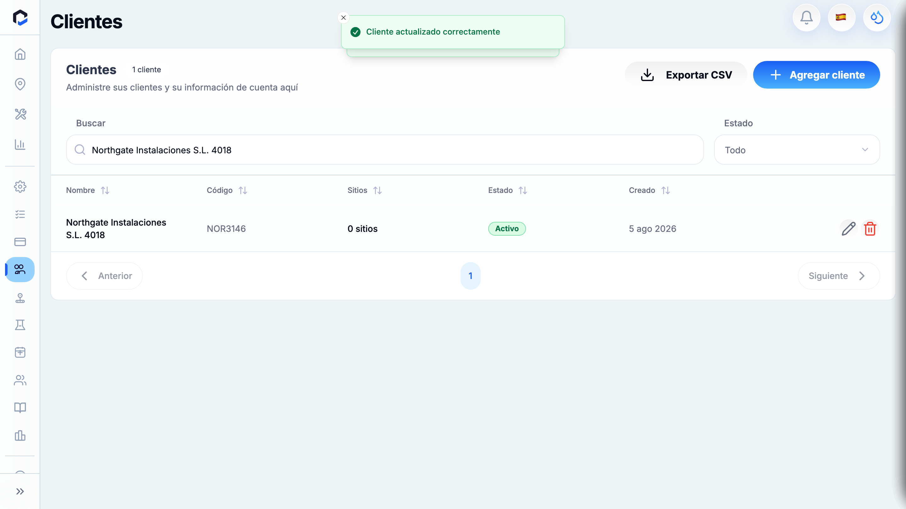 The finished client record — client created and the contact step completed, back on the client overview. End of the workflow.