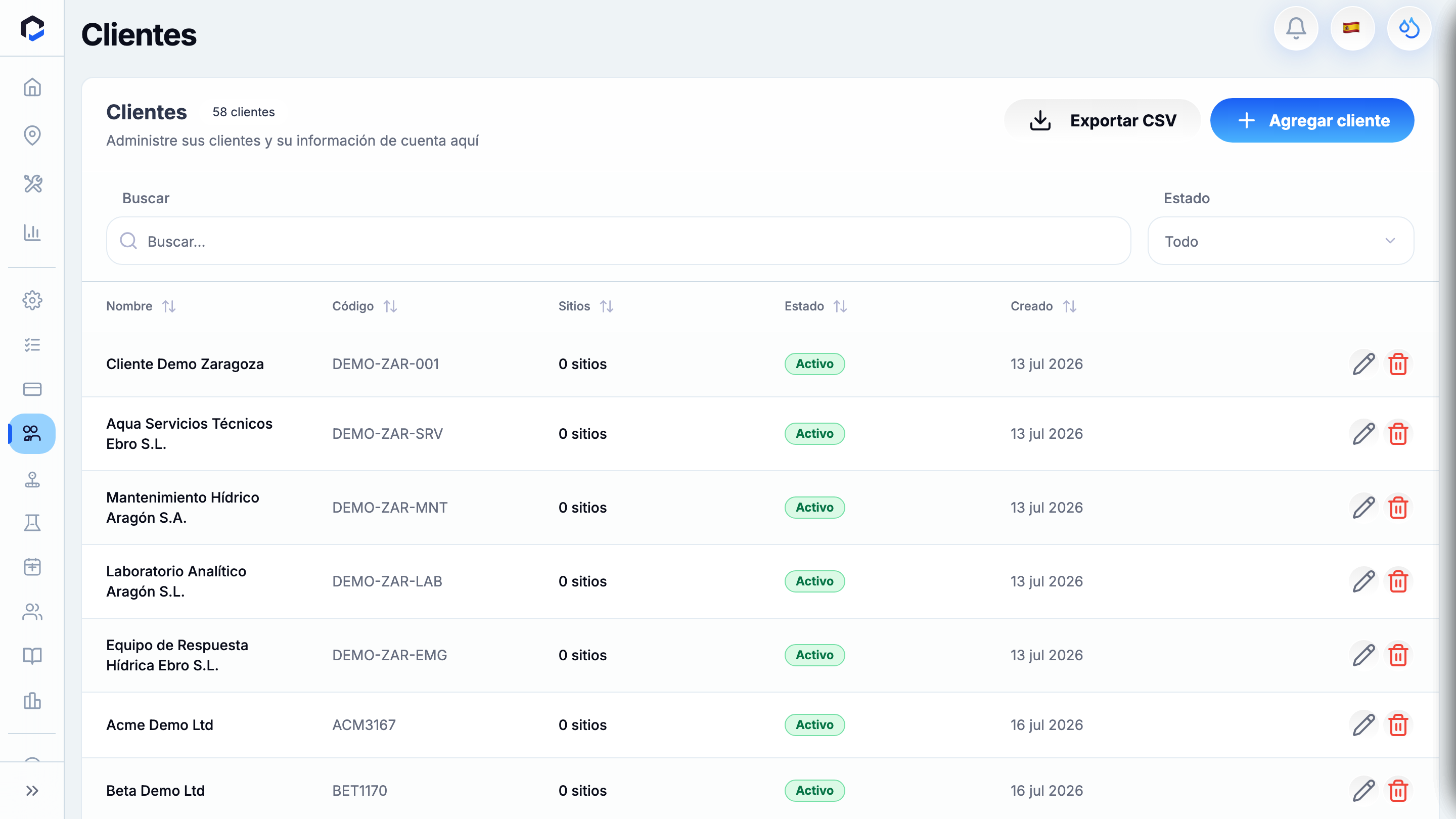 Clients screen with search/status filters, the client table, Add client and Export CSV.