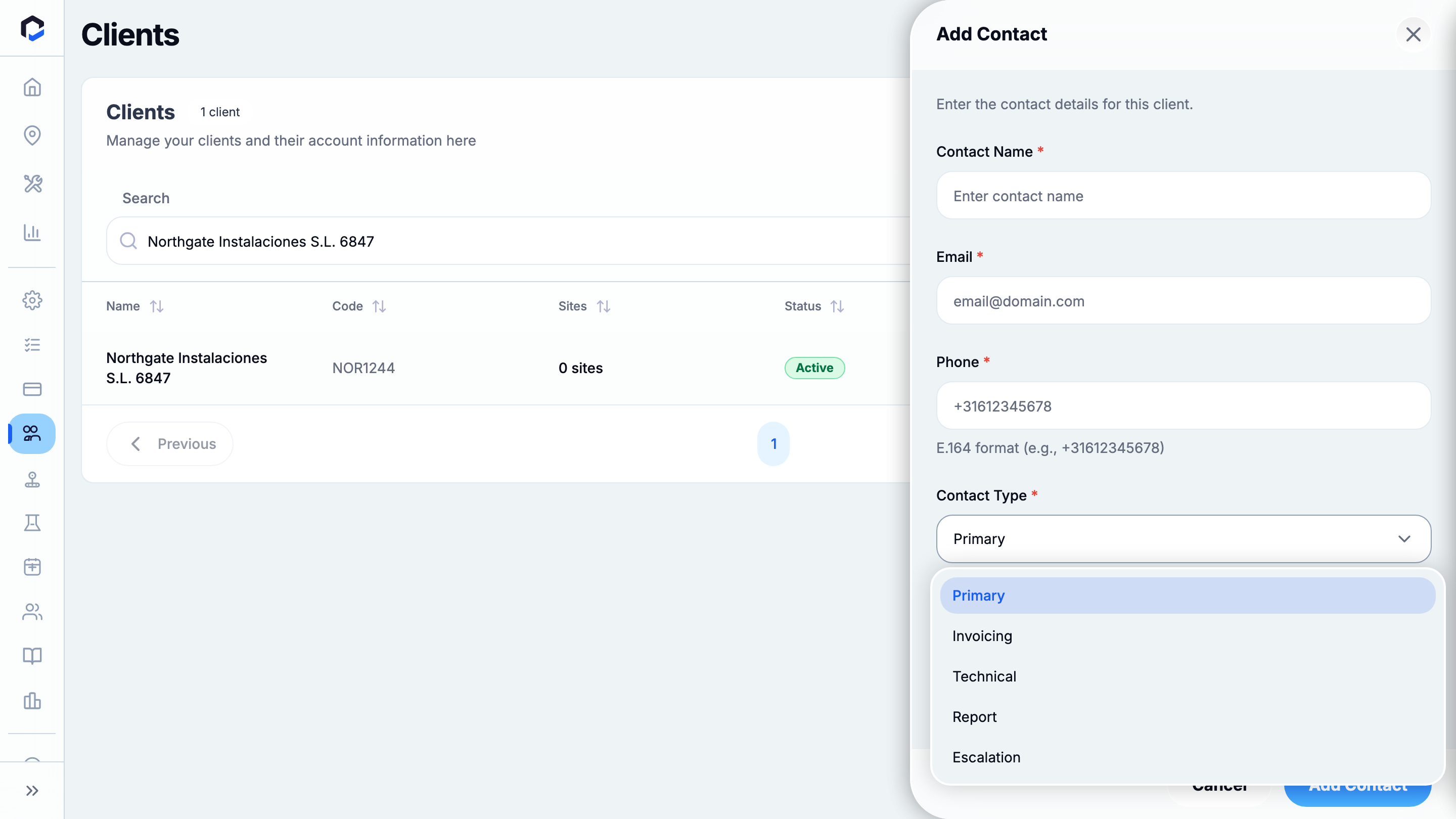 Contact Type dropdown open — Primary, Invoicing, Technical, Report, Escalation.