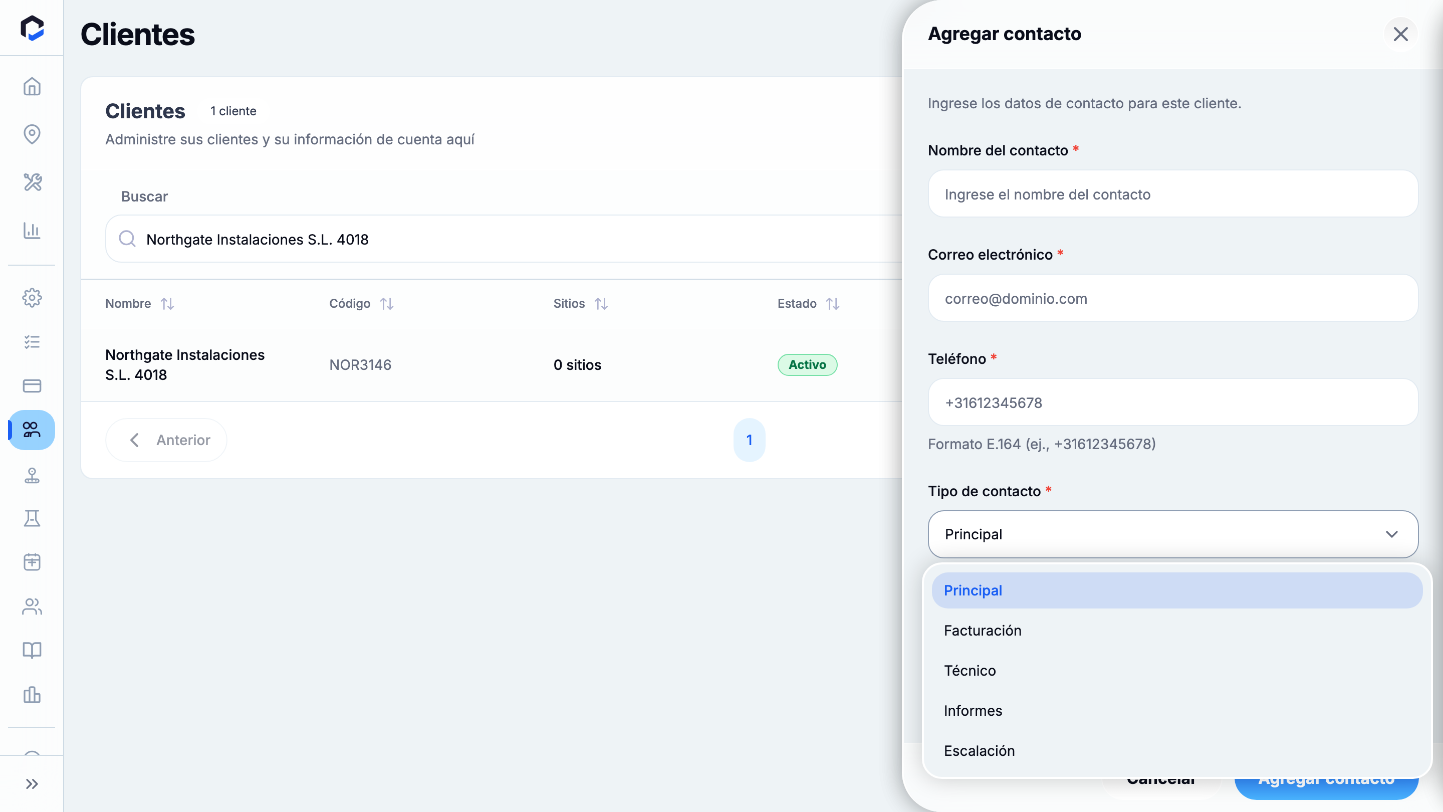 Contact Type dropdown open — Primary, Invoicing, Technical, Report, Escalation.