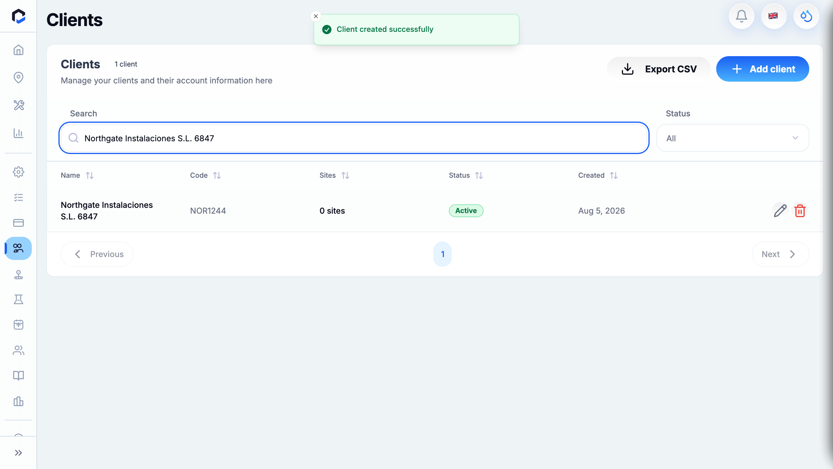 The clients overview located to the newly created client — its row visible with the auto-generated code and Active status.
