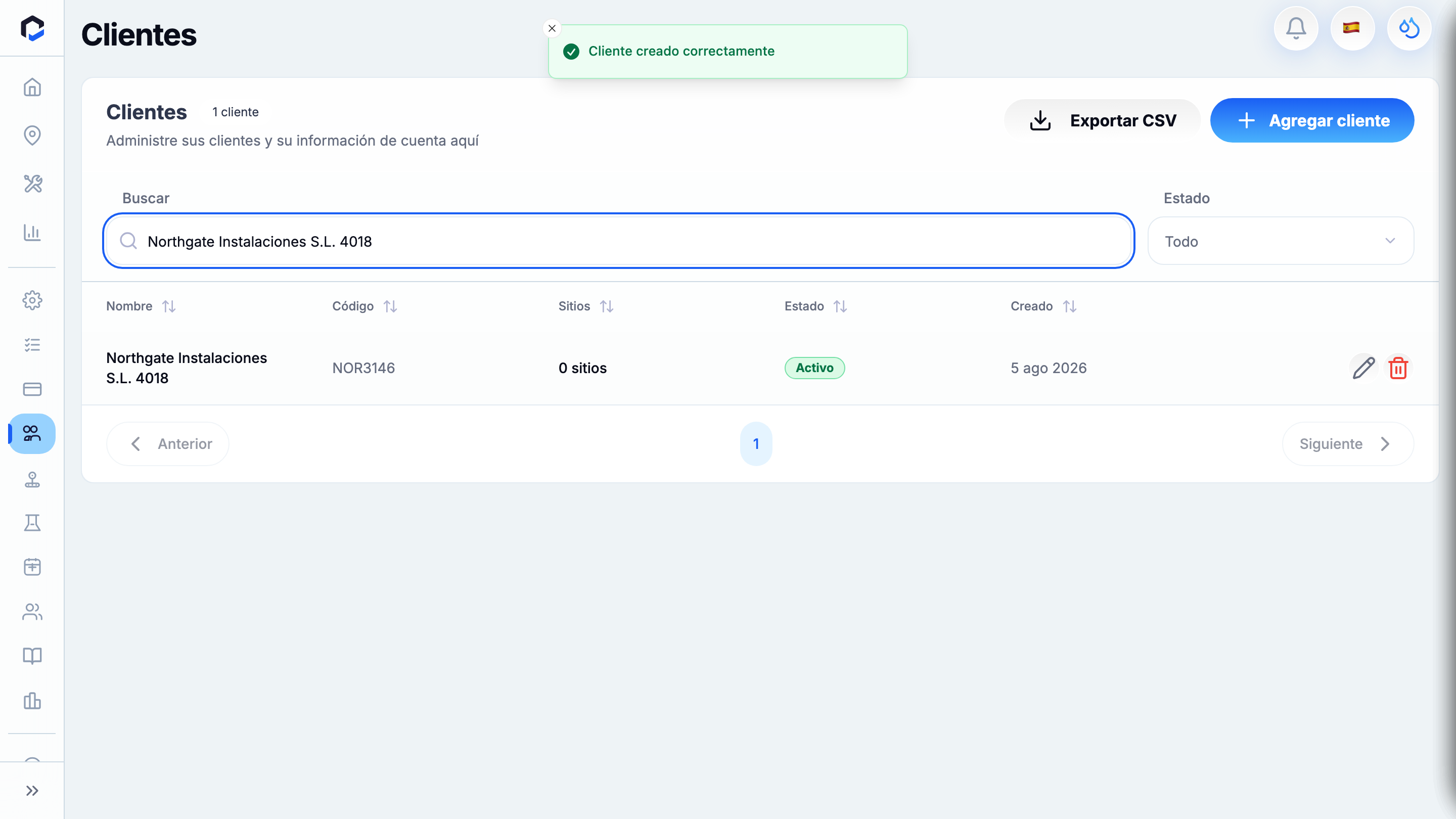 The clients overview located to the newly created client — its row visible with the auto-generated code and Active status.