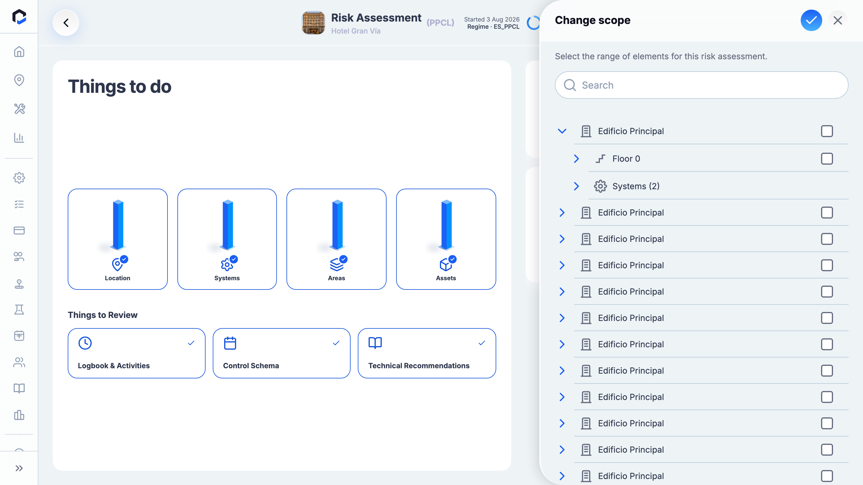 Change scope picker: the tree of Structures, Areas, Systems and Assets with a Search box; items in another active assessment or a different control regime are greyed out; the header shows the selected-item count and Confirm. Confirm NOT clicked (would change the real assessment scope).
