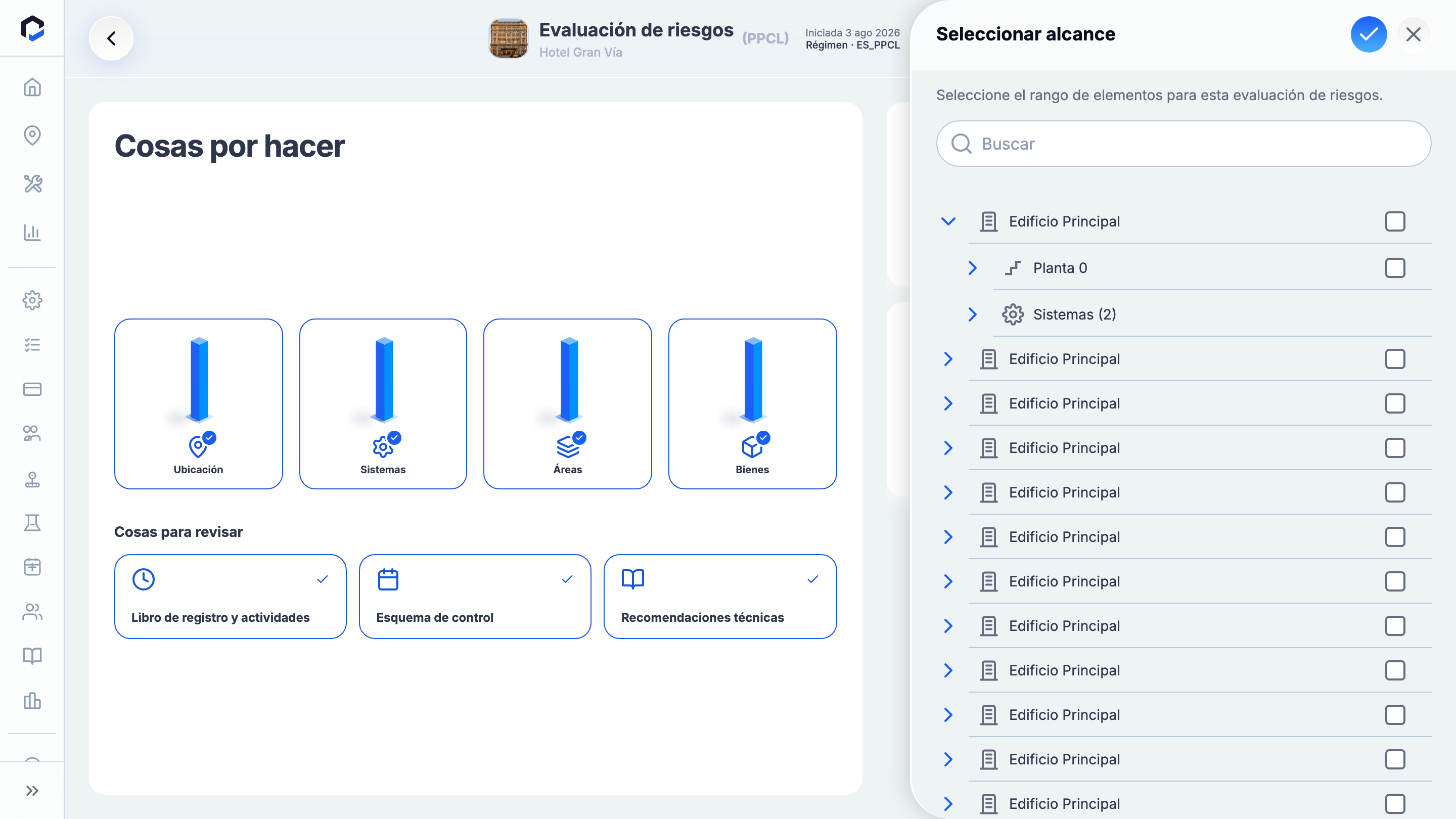 Change scope picker: the tree of Structures, Areas, Systems and Assets with a Search box; items in another active assessment or a different control regime are greyed out; the header shows the selected-item count and Confirm. Confirm NOT clicked (would change the real assessment scope).