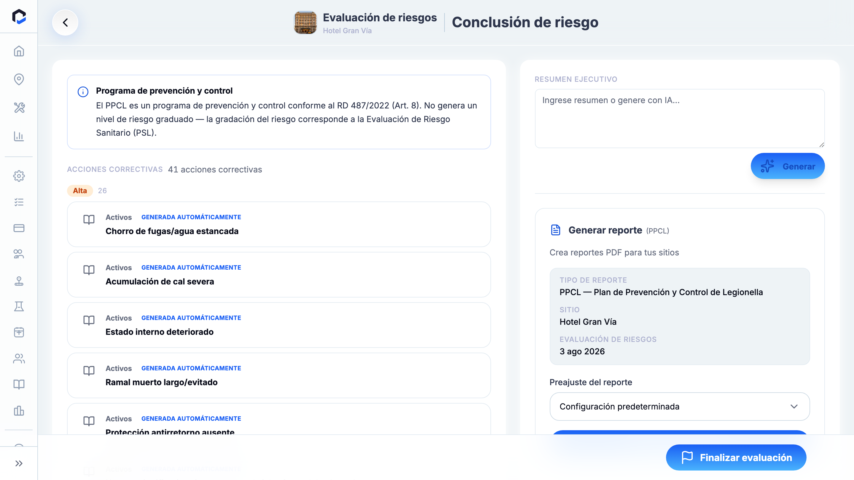 Executive Summary populated with an AI-generated draft, ready to review and Save (after — pairs with the empty fields in the risk-conclusion-gauge frame).