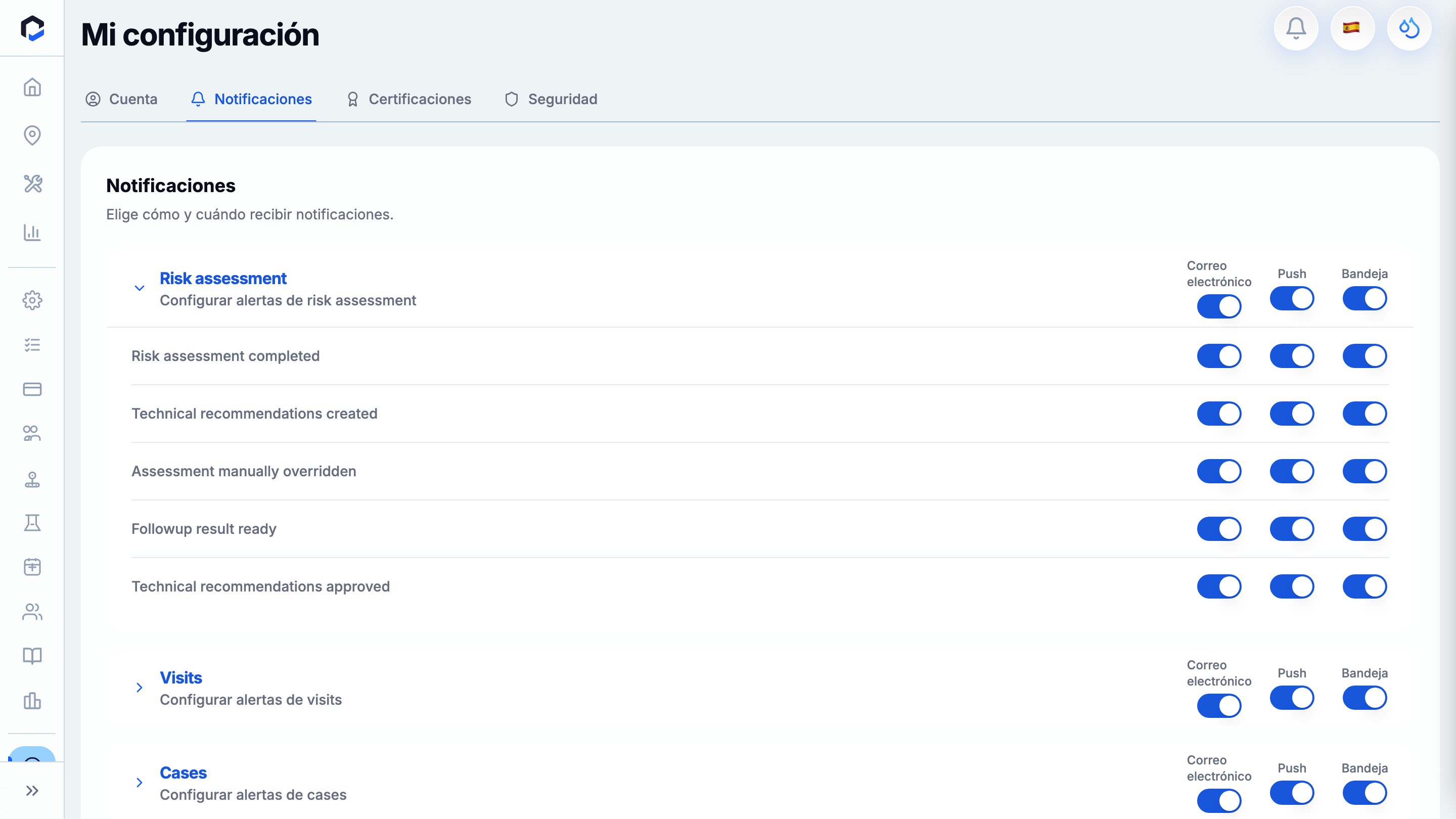 Notifications tab with topics grouped into collapsible sections and Email / Push / Inbox toggle columns.
