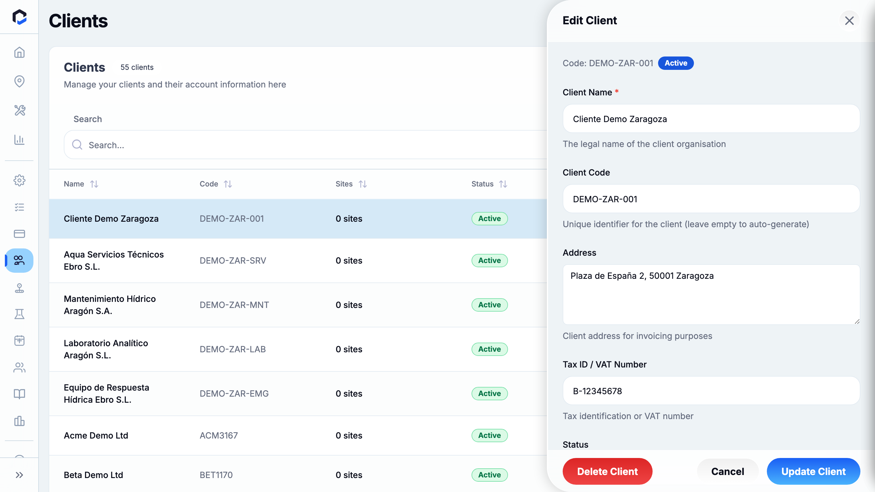 Edit Client panel for the selected client.