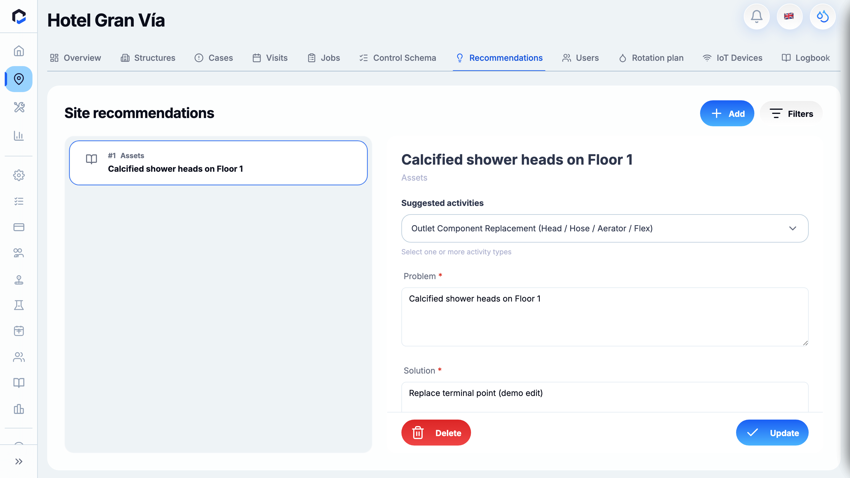Site recommendations (location level): list + editor (suggested activities, problem, solution, priority) with Update and Delete.