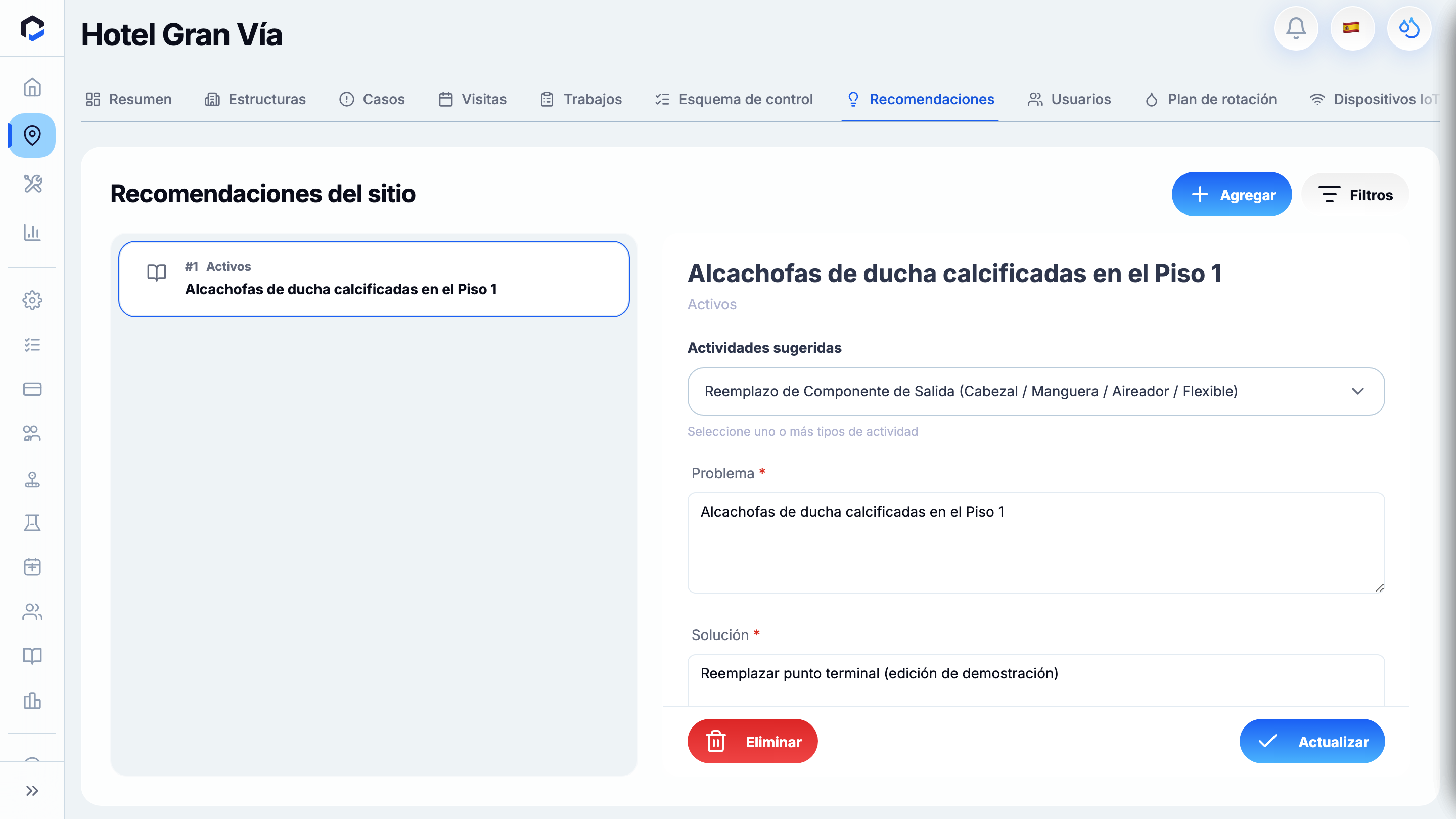 Site recommendations (location level): list + editor (suggested activities, problem, solution, priority) with Update and Delete.
