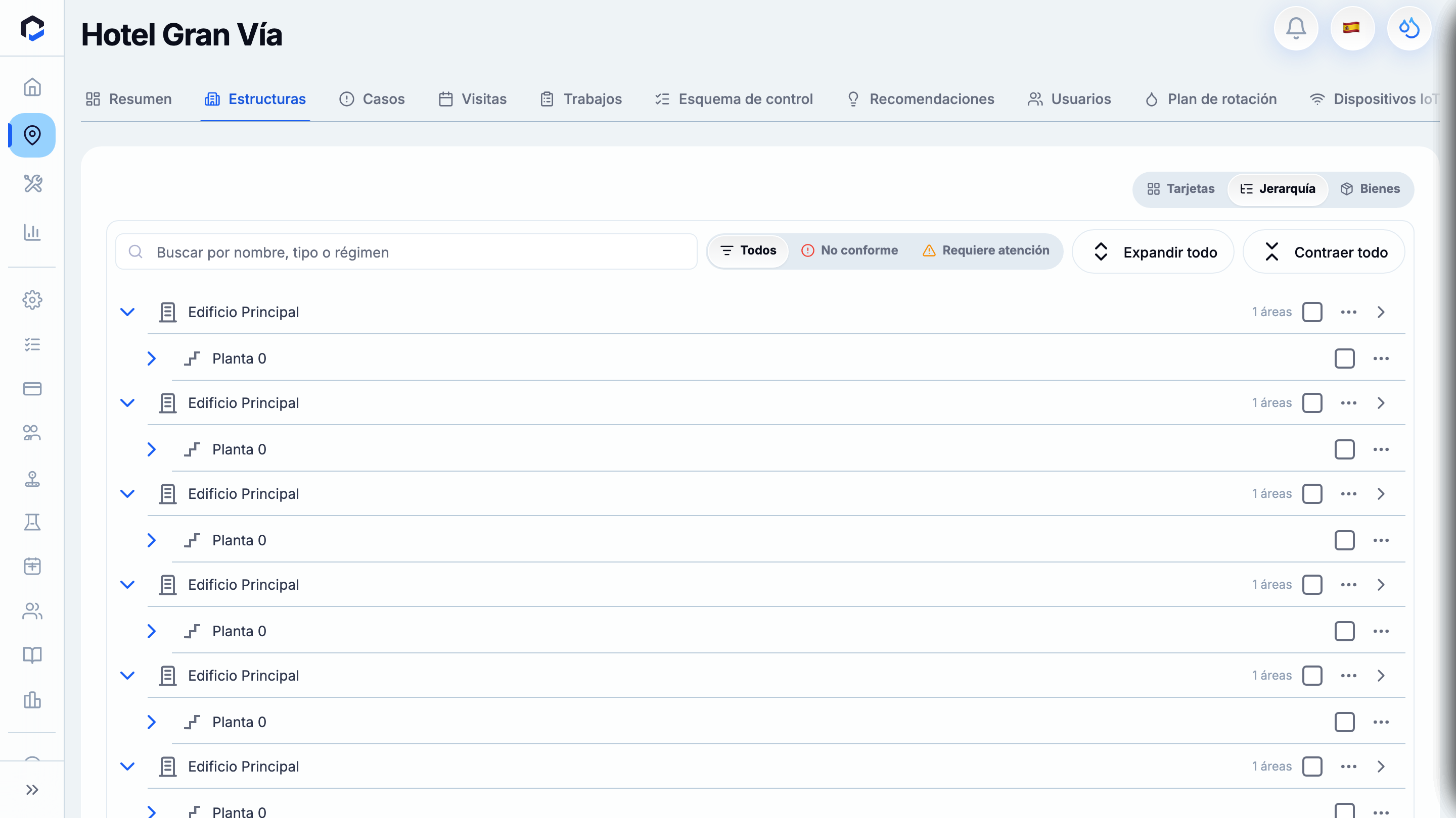 Hierarchy view: open an area to manage its Occupancy (In Use / Vacant). Marking Vacant pauses its compliance activities.
