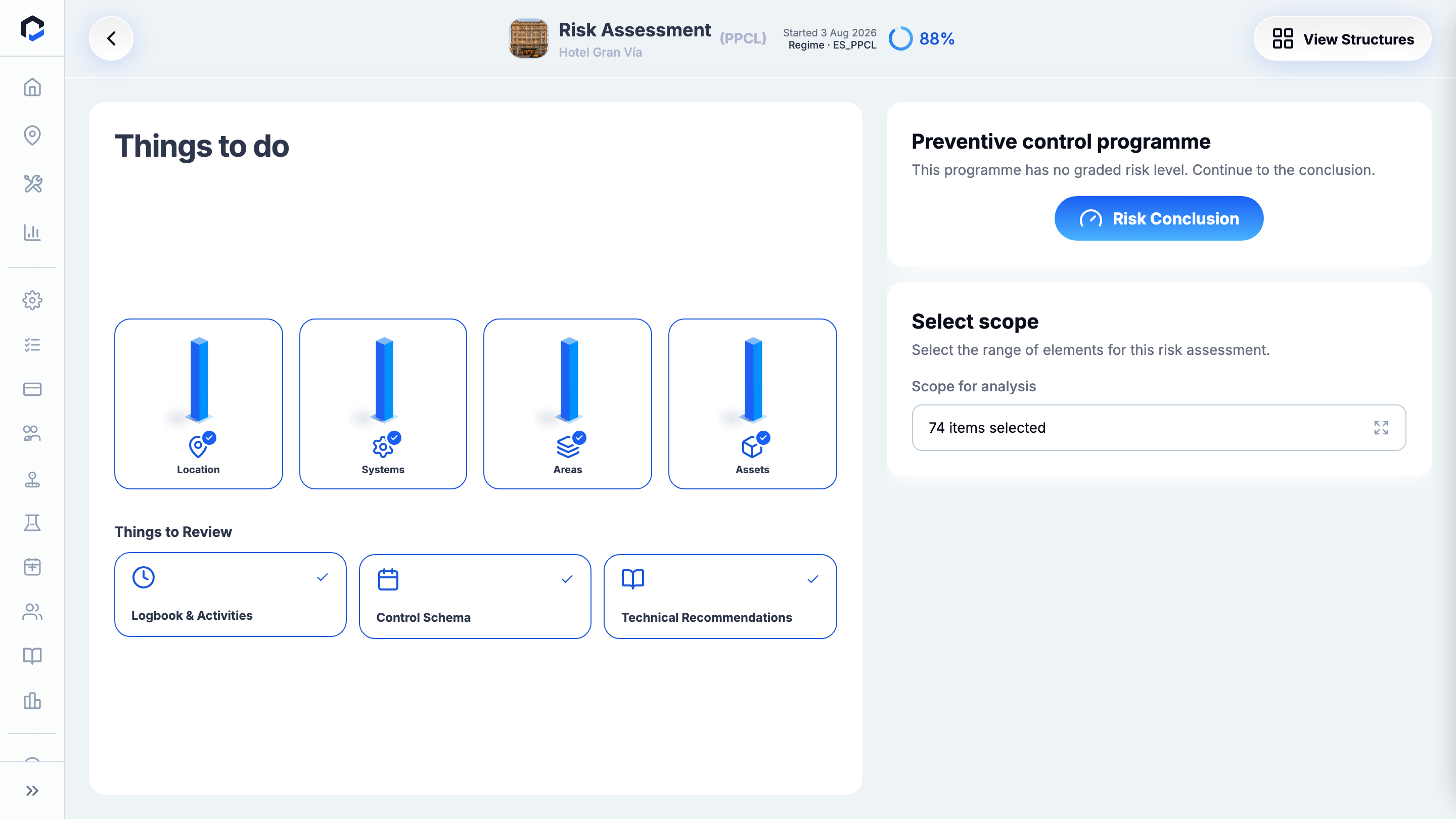 Risk assessment overview: the data-collection stages (Location, Systems, Areas, Assets) and review stages, with a completeness indicator.
