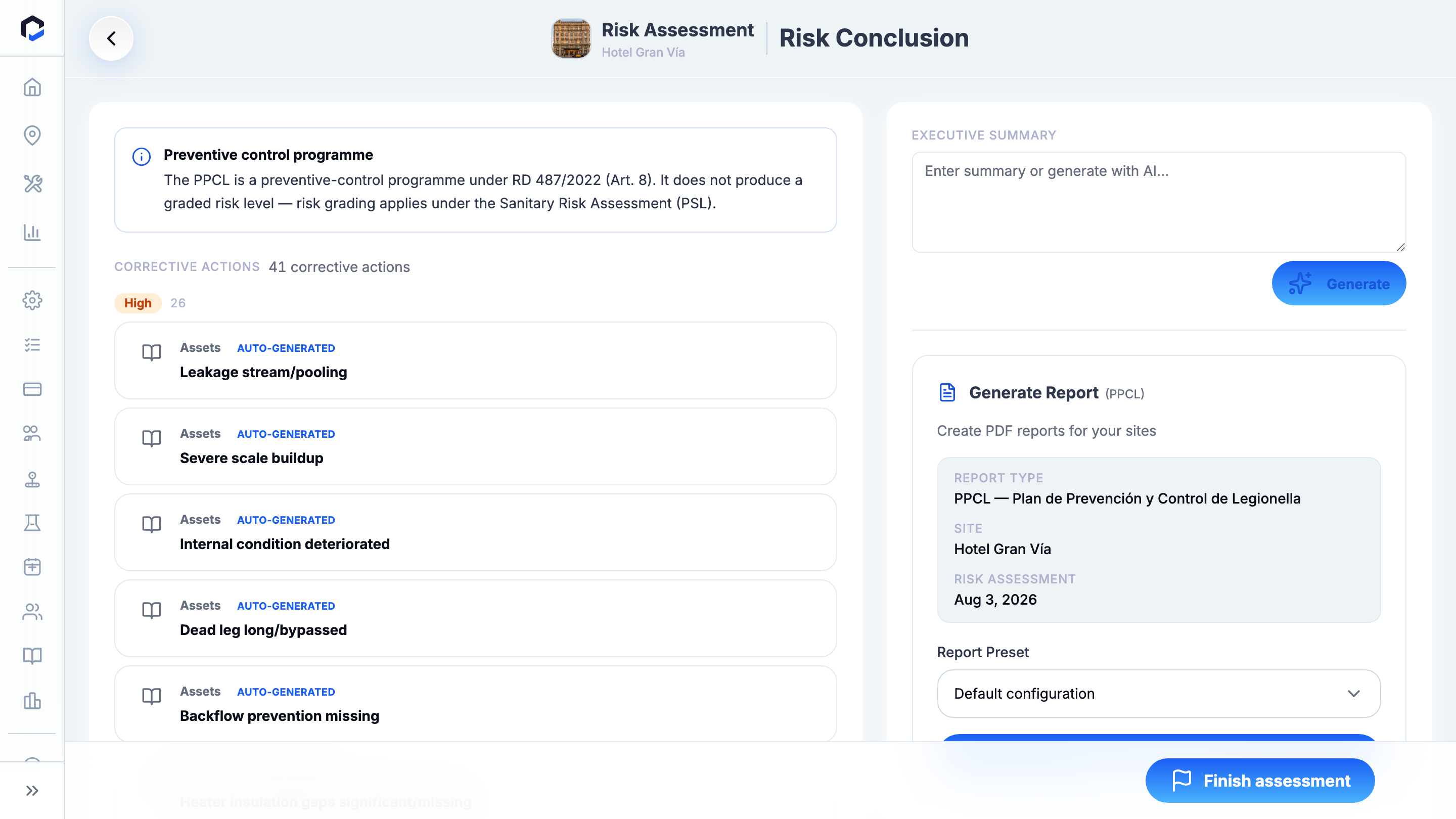 Risk Conclusion stage: the risk gauge, per-group scores and the conclusion narrative/summaries.