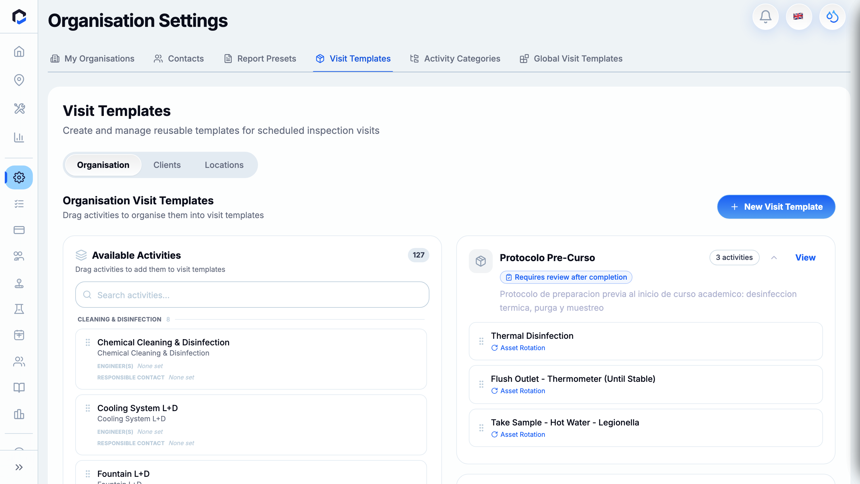 Visit Templates management: Organization/Clients/Locations scope toggle, New Visit Template and an Available Activities panel.