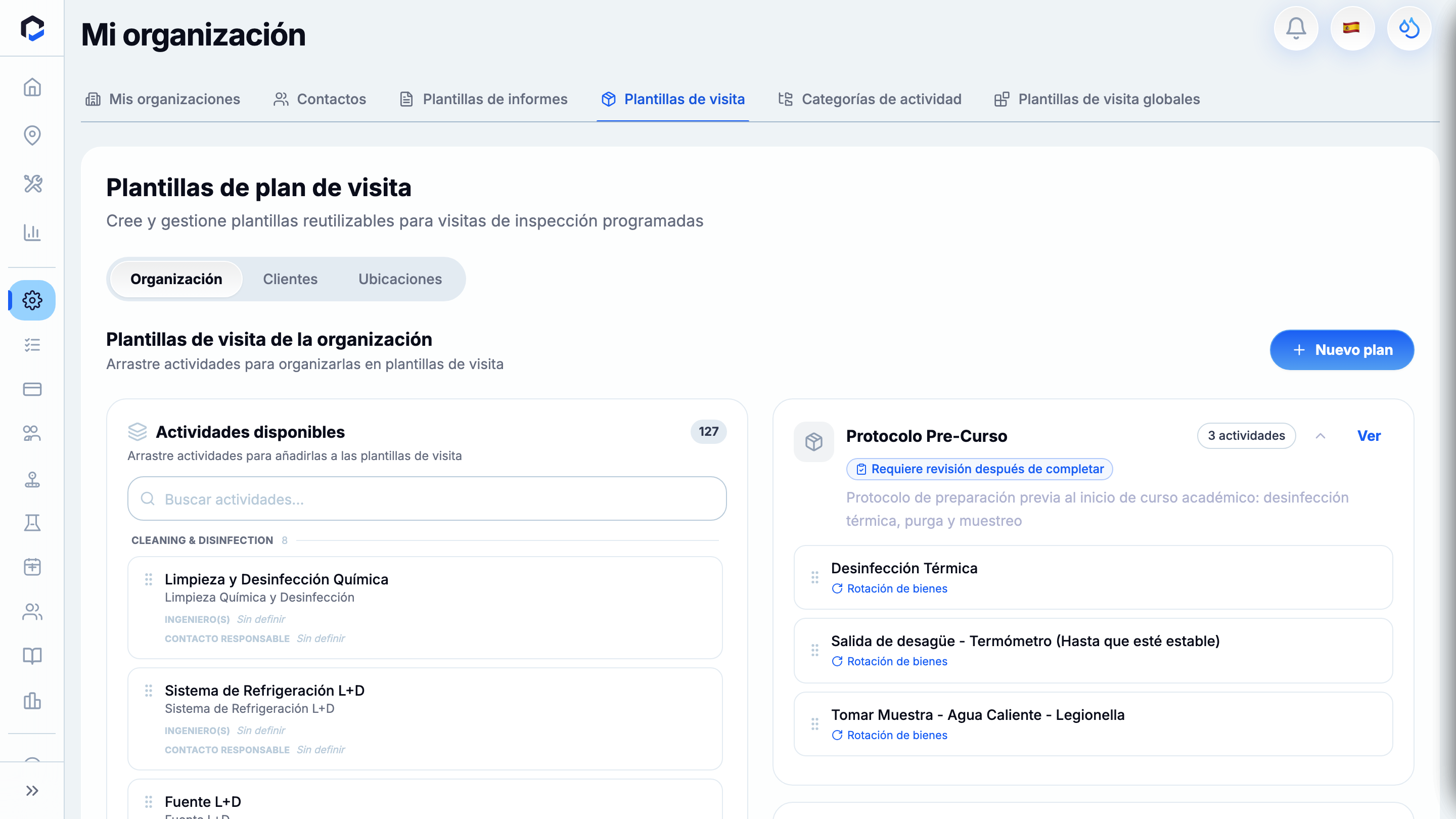 Visit Templates management: Organization/Clients/Locations scope toggle, New Visit Template and an Available Activities panel.