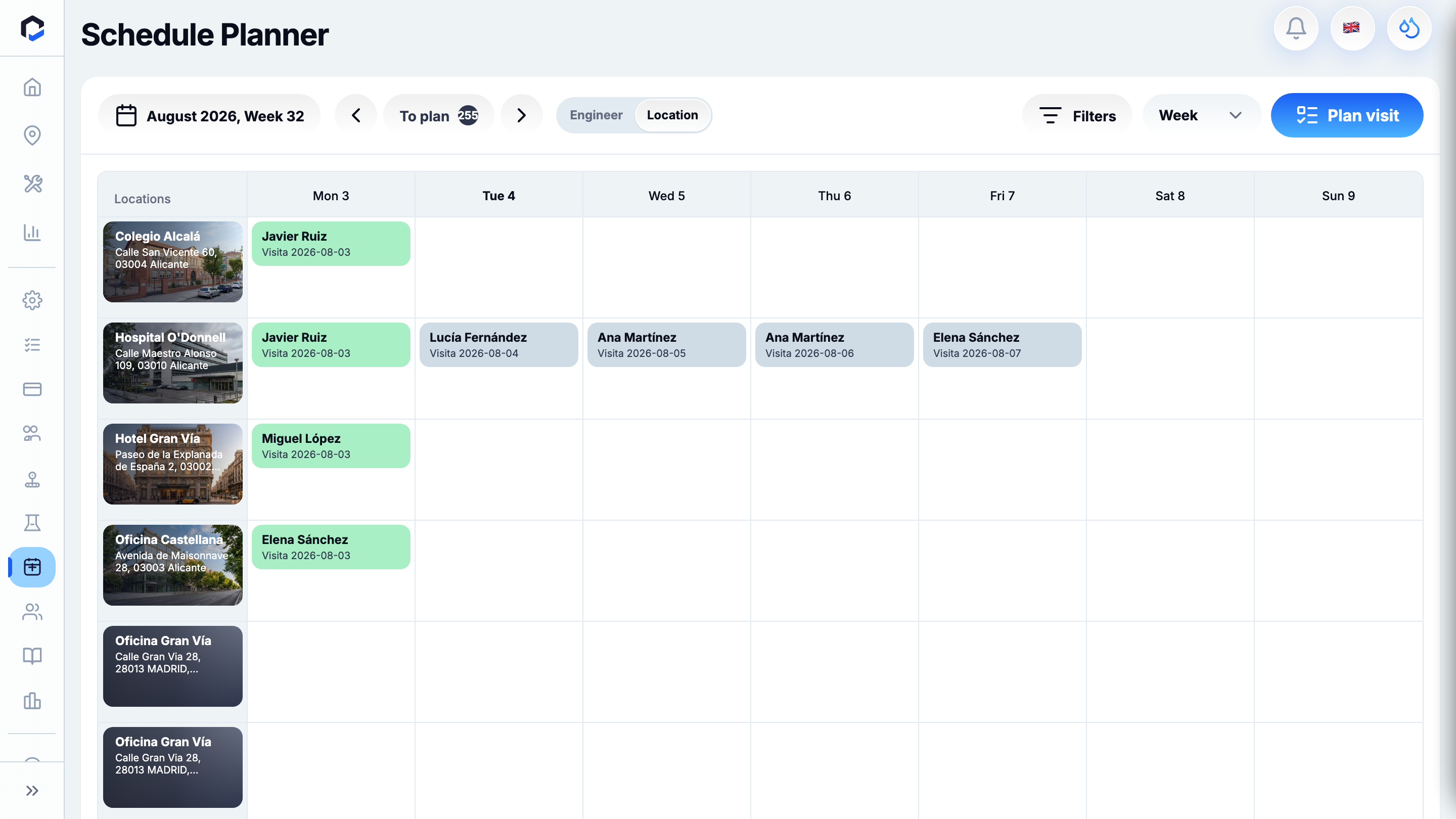 Schedule Planner week view: locations, scheduled visits, To plan toggle, Engineer/Location switch and Plan visit.