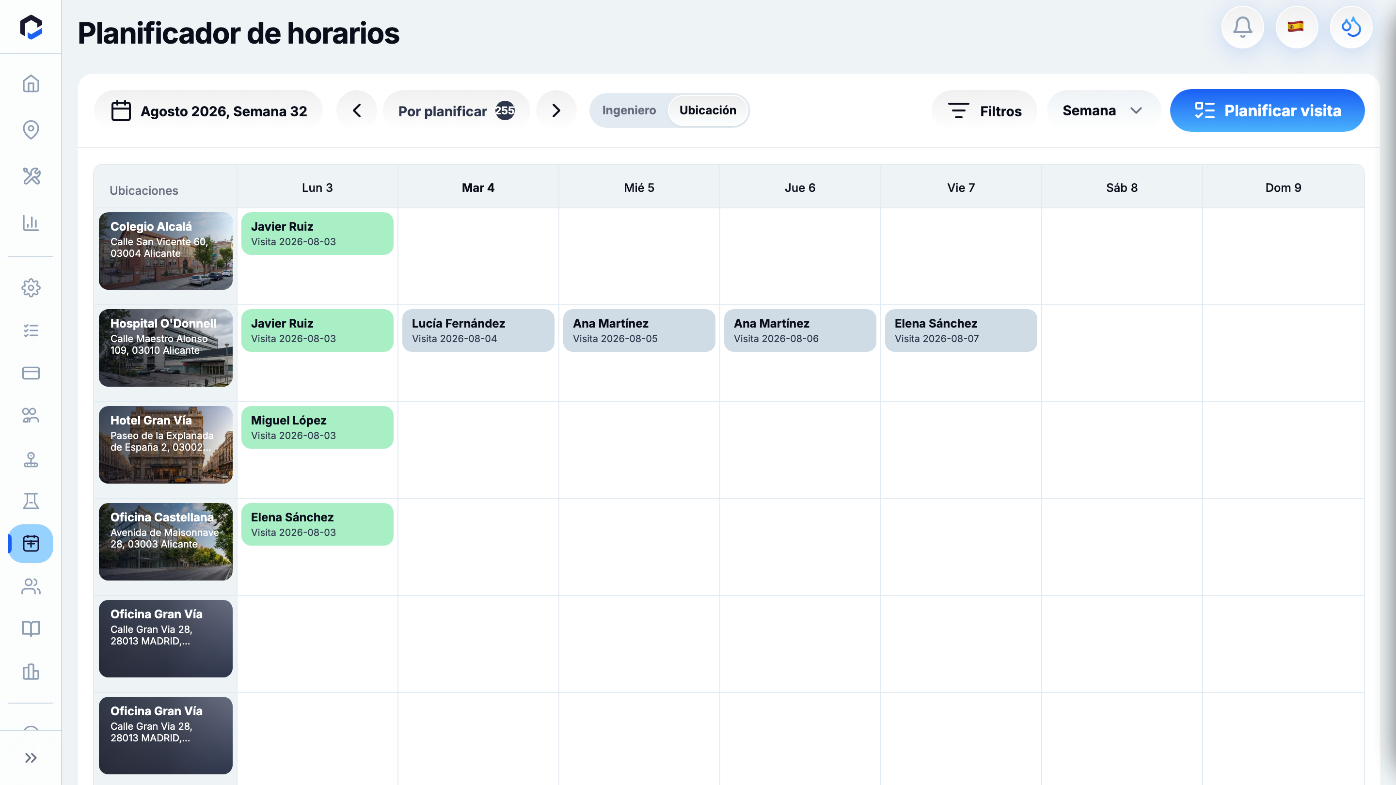 Schedule Planner week view: locations, scheduled visits, To plan toggle, Engineer/Location switch and Plan visit.