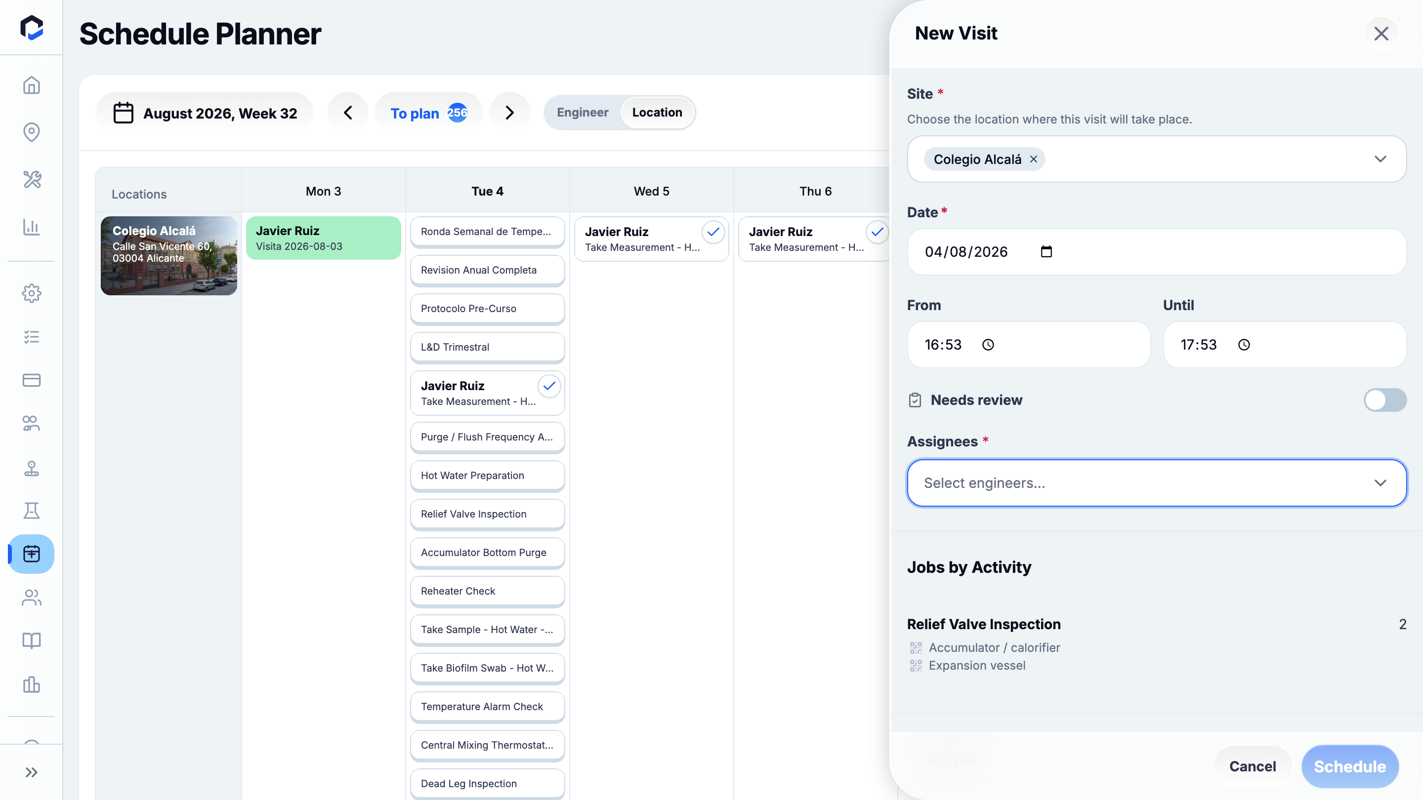 An engineer assigned to the visit — the completed New Visit form with Schedule. Schedule is NOT clicked: it would create the visit and queue the next control-schema occurrence.
