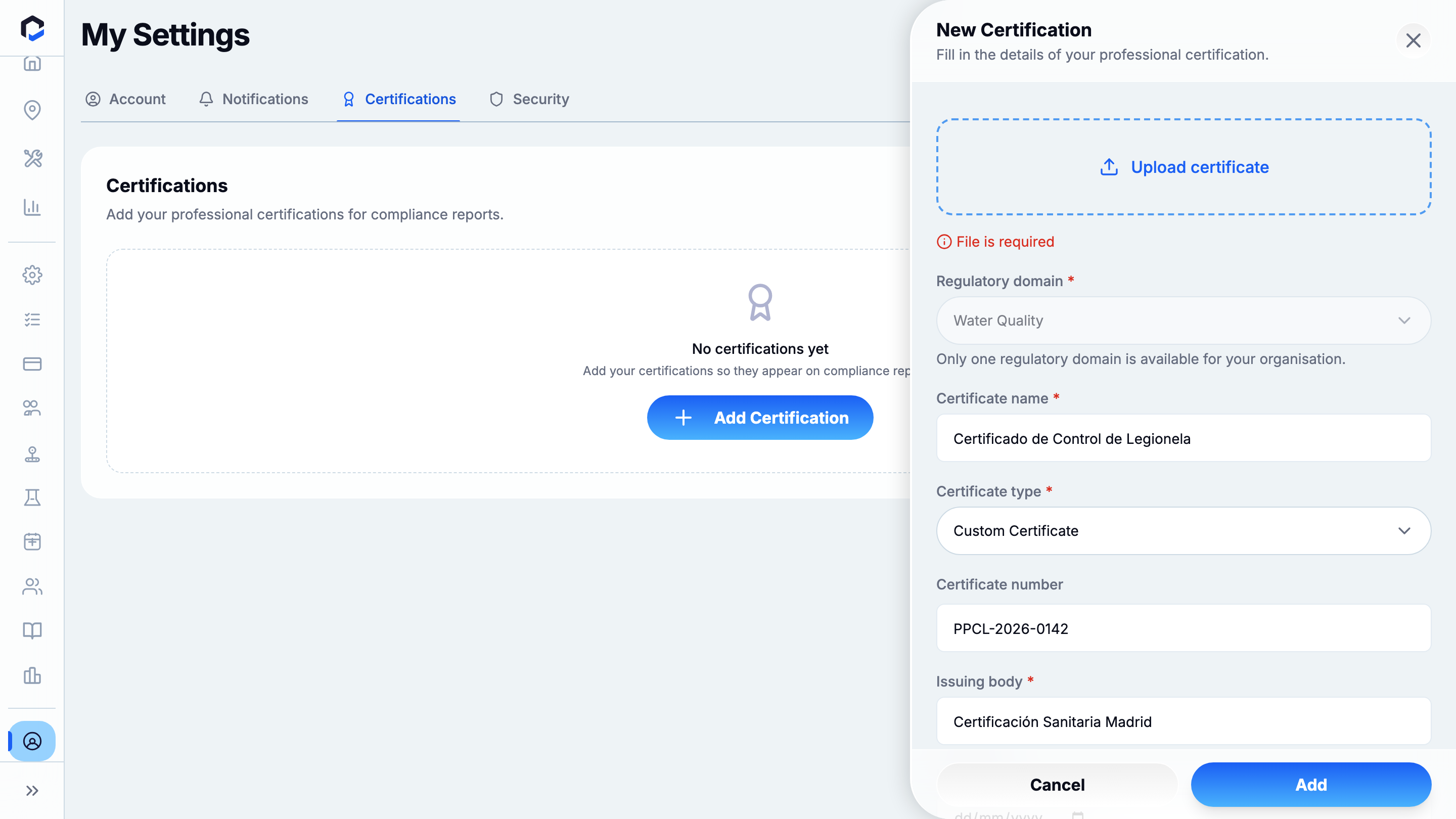 The certification saved and listed on the Certifications tab (after saving).