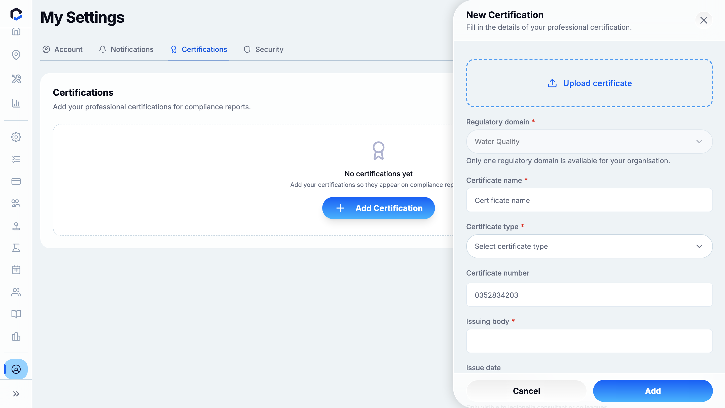 New Certification panel (empty): upload certificate, regulatory domain, certificate name, type, number, issuing body and issue/expiry dates.