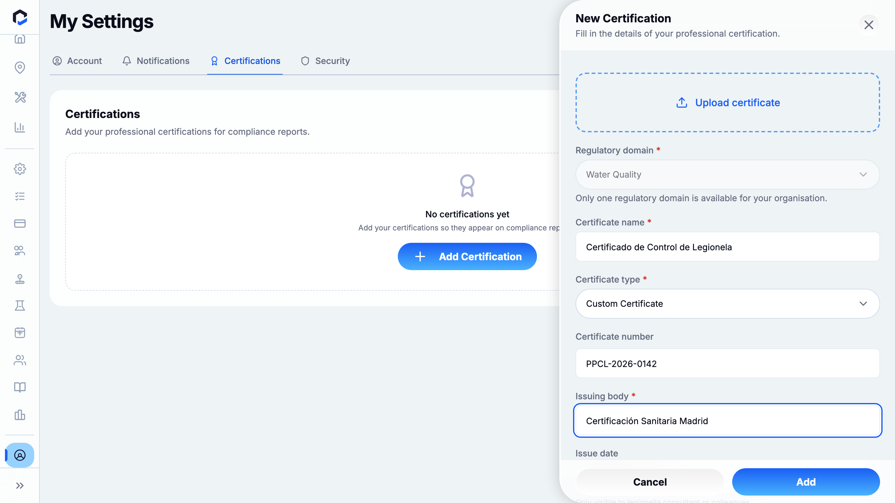 New Certification with all fields filled — name, type, number and issuing body (before saving).