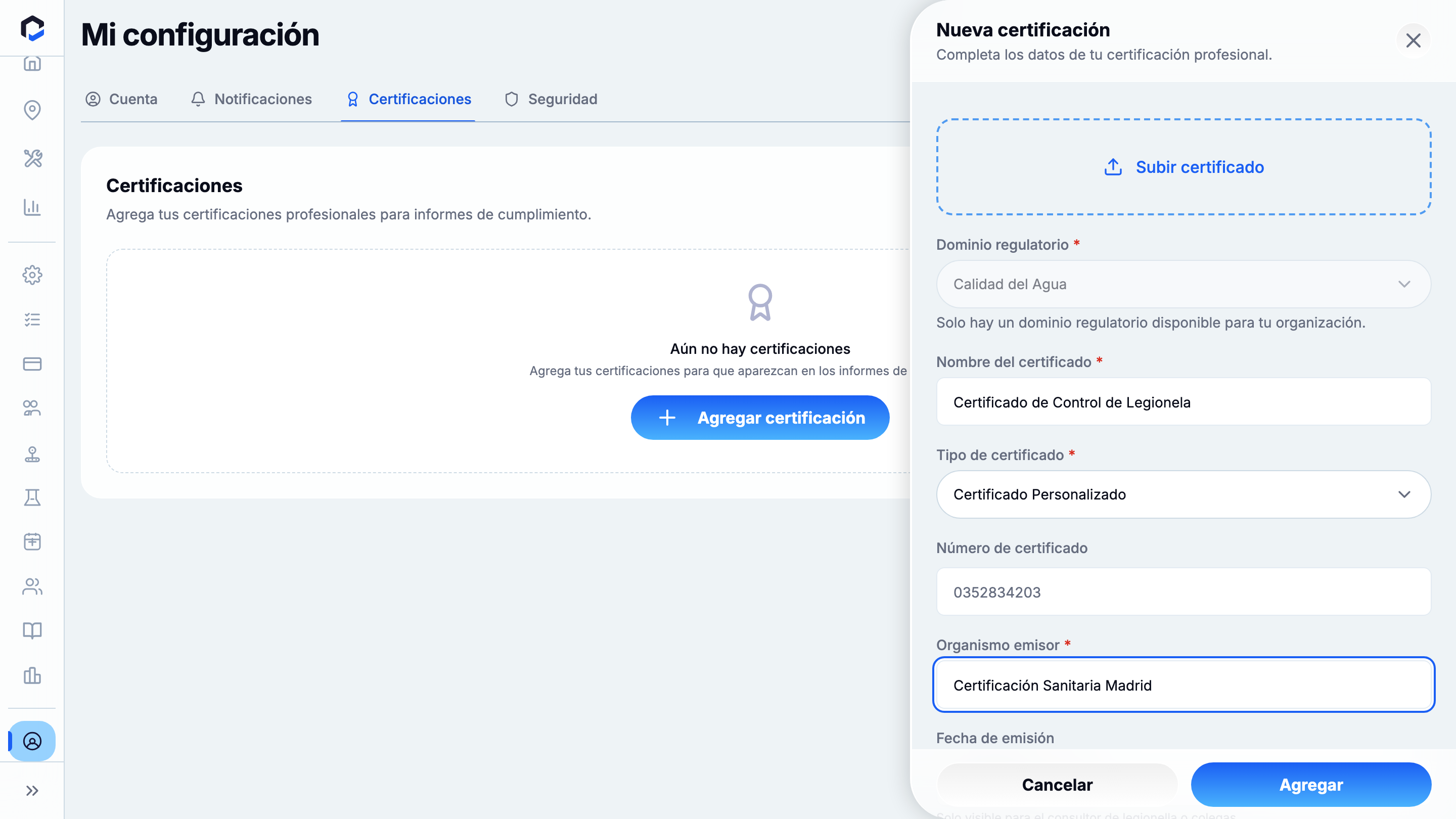 New Certification with all fields filled — name, type, number and issuing body (before saving).