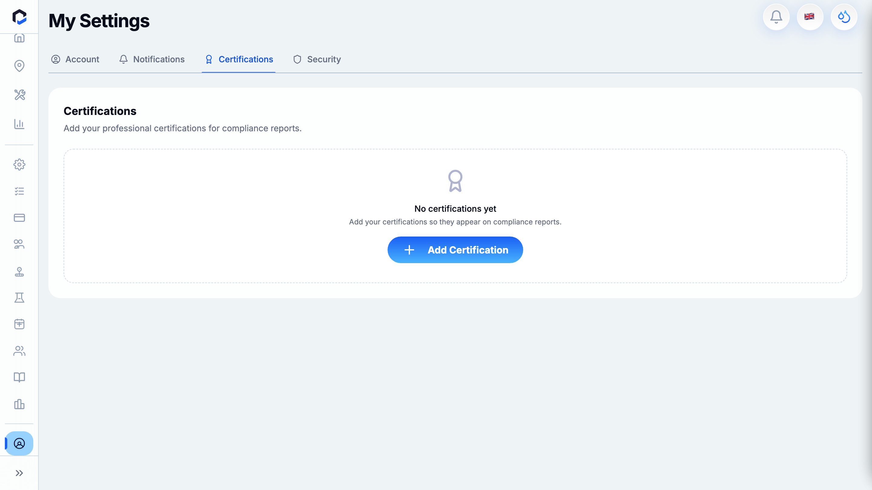 Certifications tab empty state prompting Add Certification.