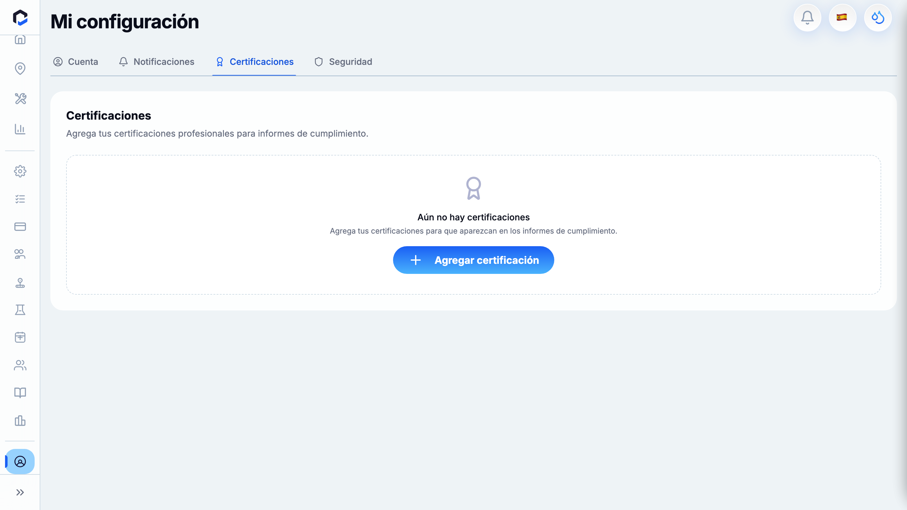 Certifications tab empty state prompting Add Certification.