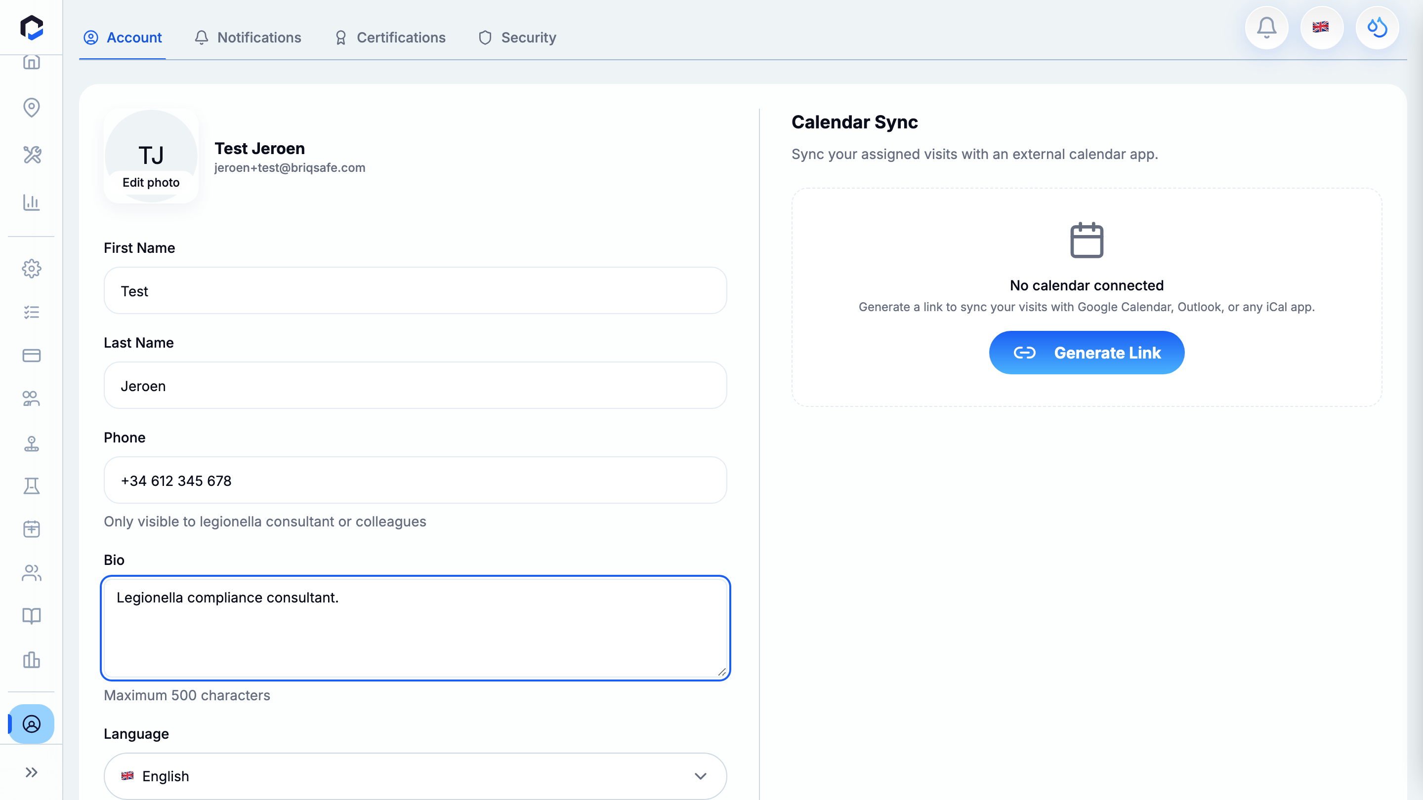 Language dropdown offering English, Español and Nederlands.