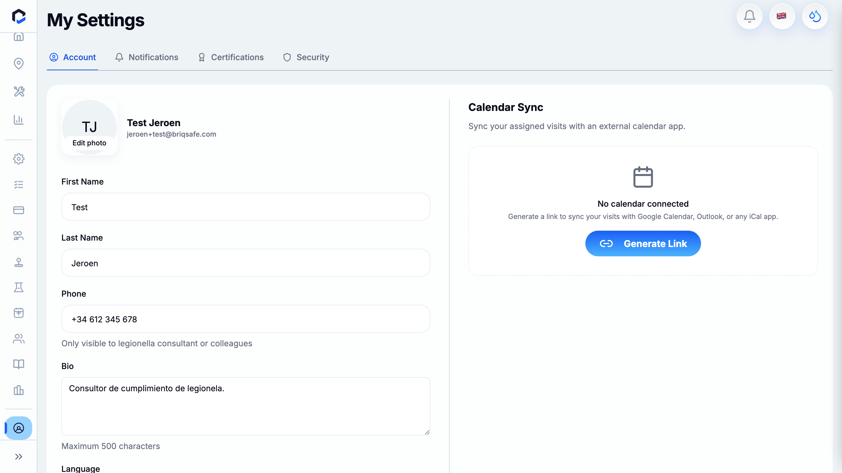 My Settings opens on the Account tab (reached by clicking Account Settings in the sidebar) — the entry point to Security.