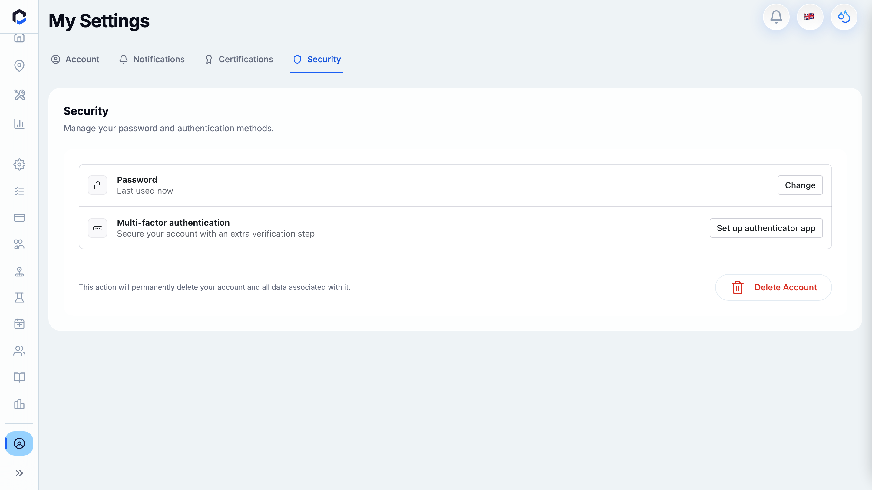 Security tab with Password (Change), Multi-factor authentication (Set up authenticator app) and a destructive Delete Account action.