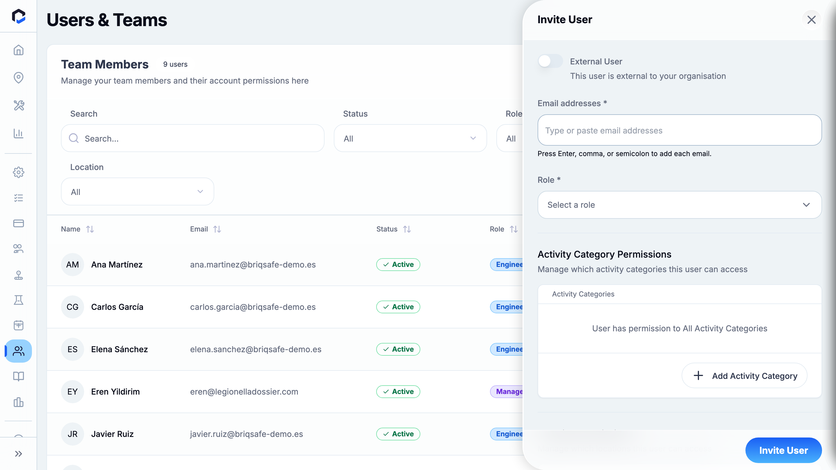 Invite User form: Email, External User toggle, Role, Site Permissions, Activity Category Permissions.