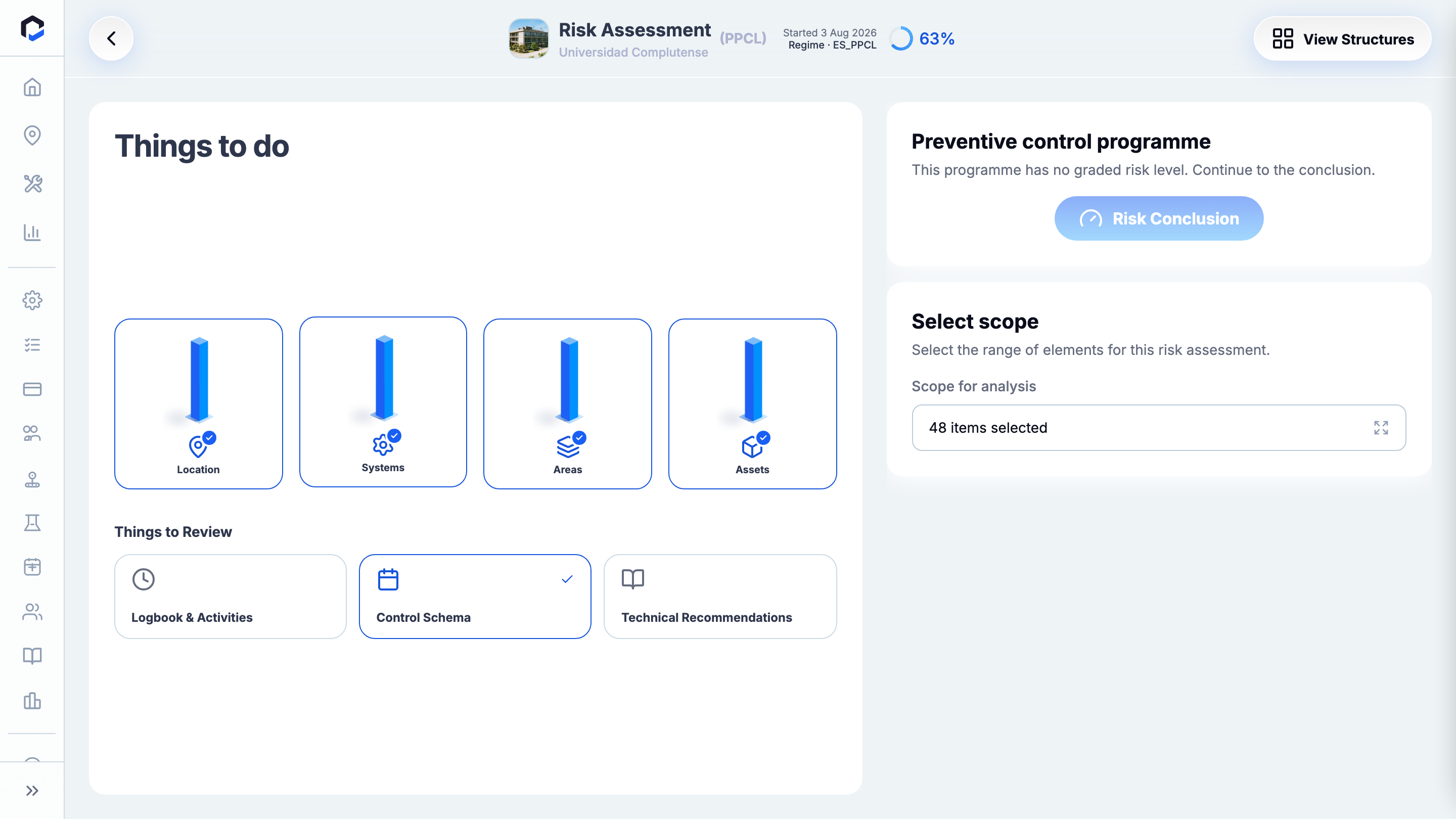 Risk assessment overview: the data-collection stages (Location, Systems, Areas, Assets) and review stages, with a completeness indicator.