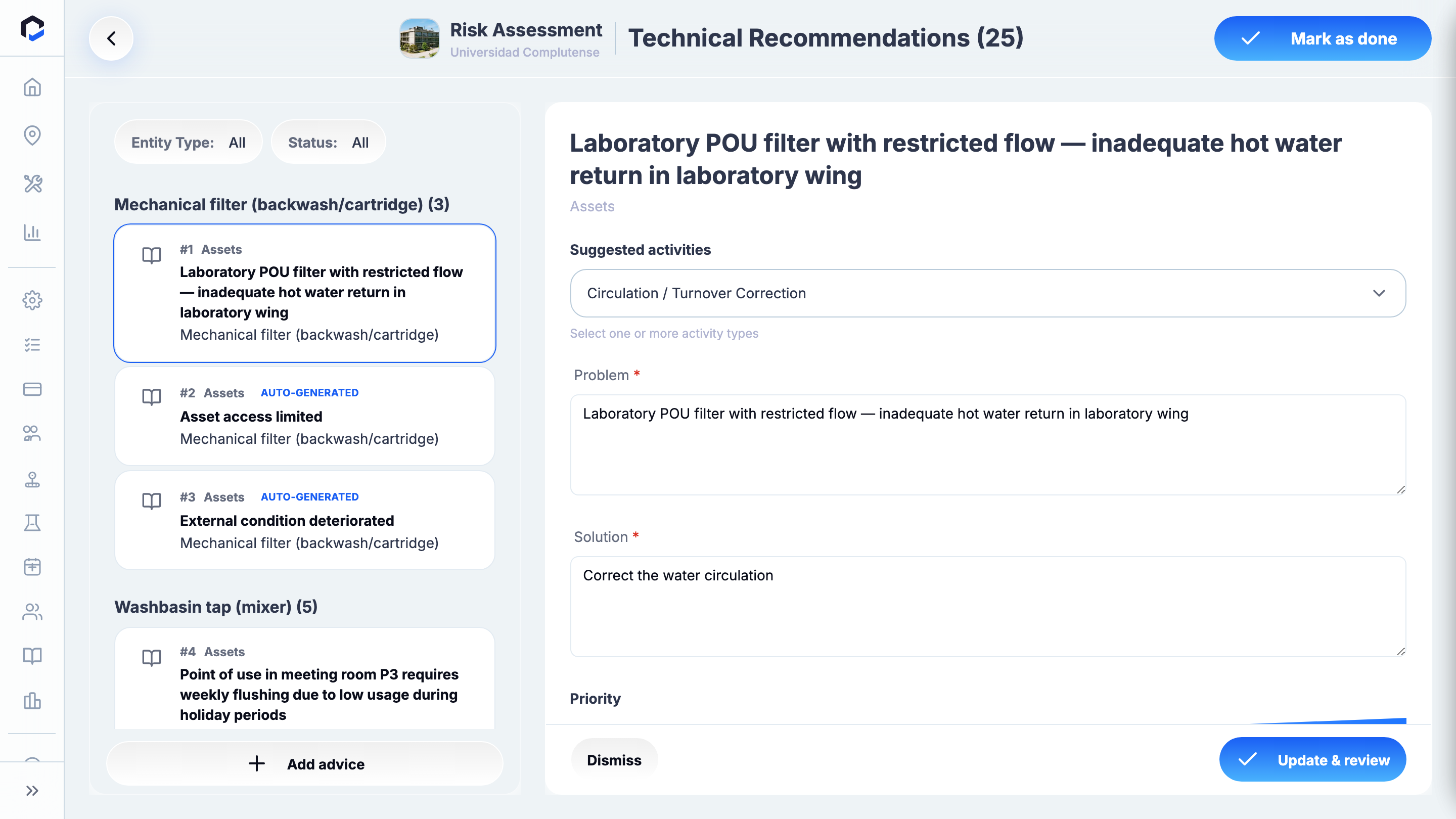 Technical Recommendations stage: auto-generated draft recommendations raised when readings cross thresholds.
