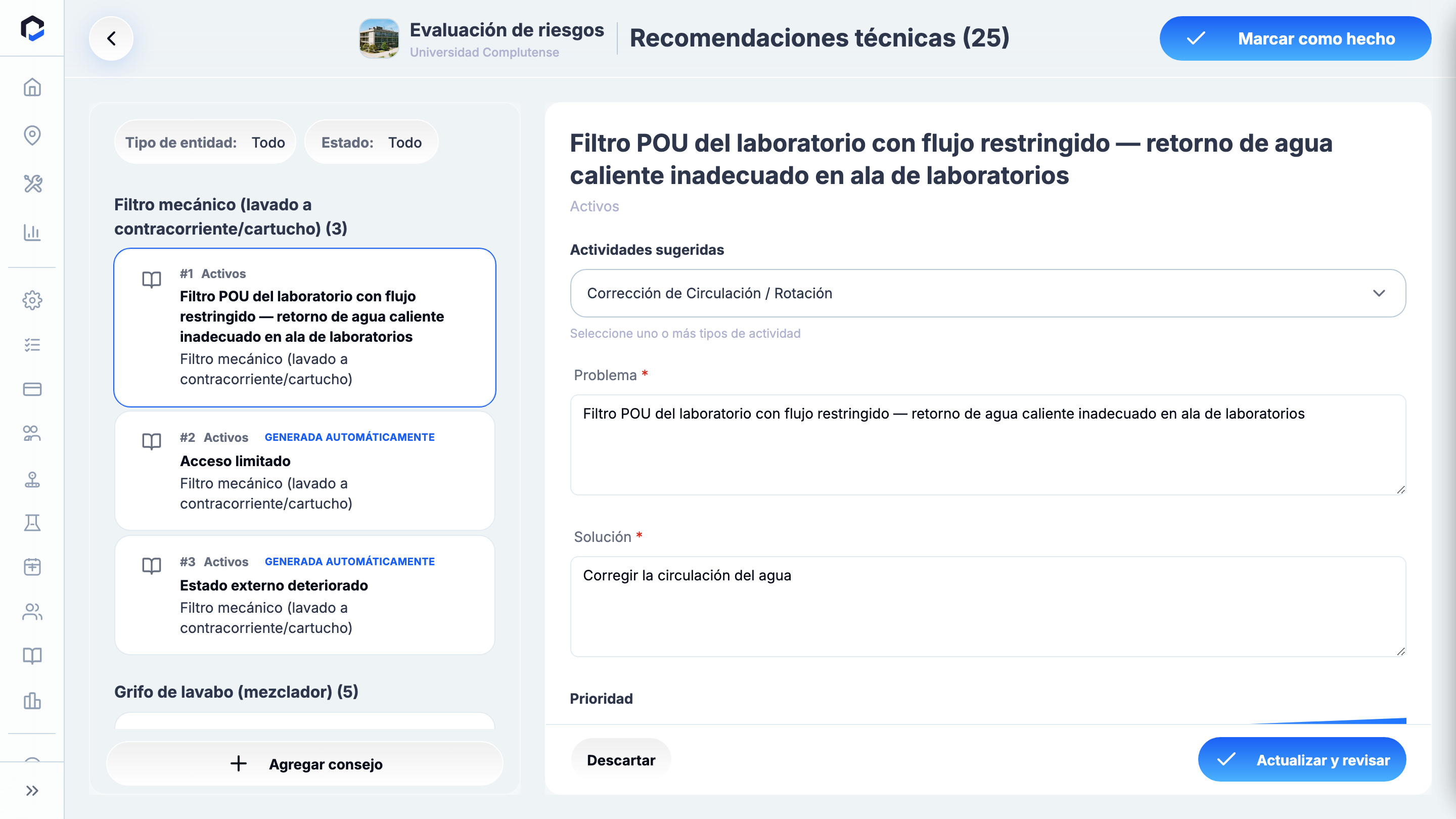 Technical Recommendations stage: auto-generated draft recommendations raised when readings cross thresholds.