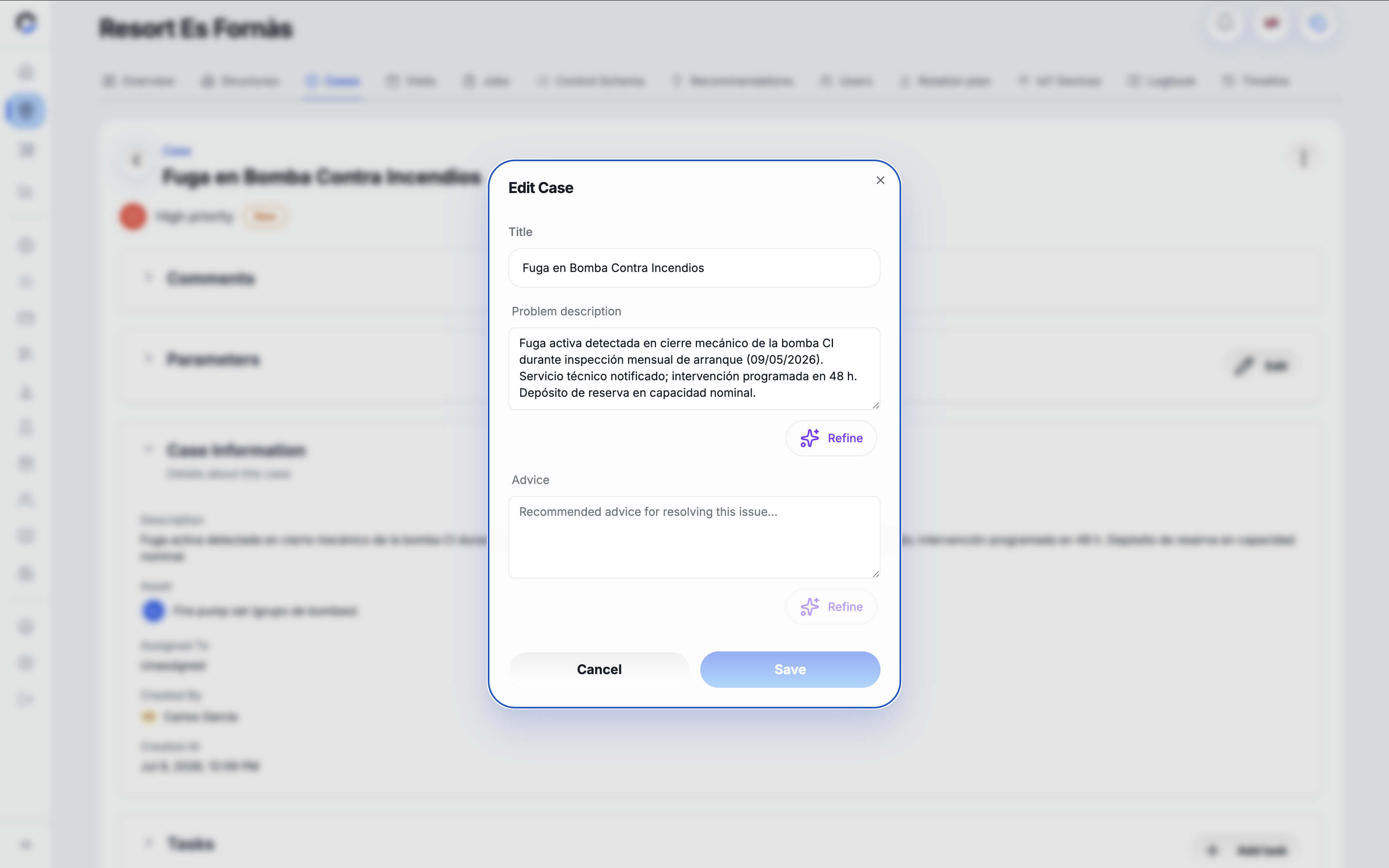 Edit Case screen for updating the title, problem description, and advice of a maintenance case before saving changes.
