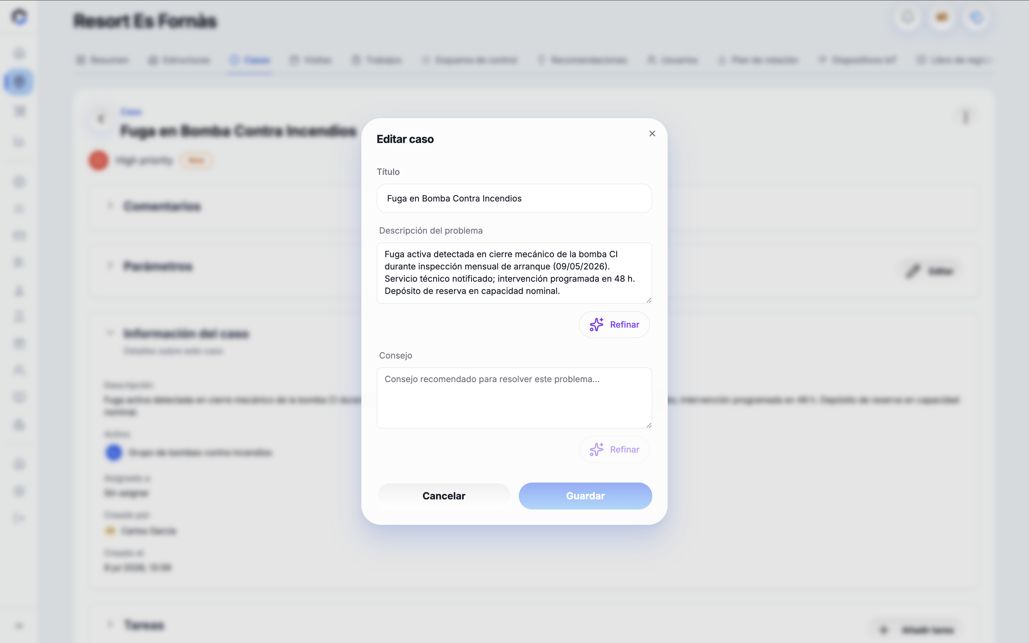 Edit Case screen for updating the title, problem description, and advice of a maintenance case before saving changes.