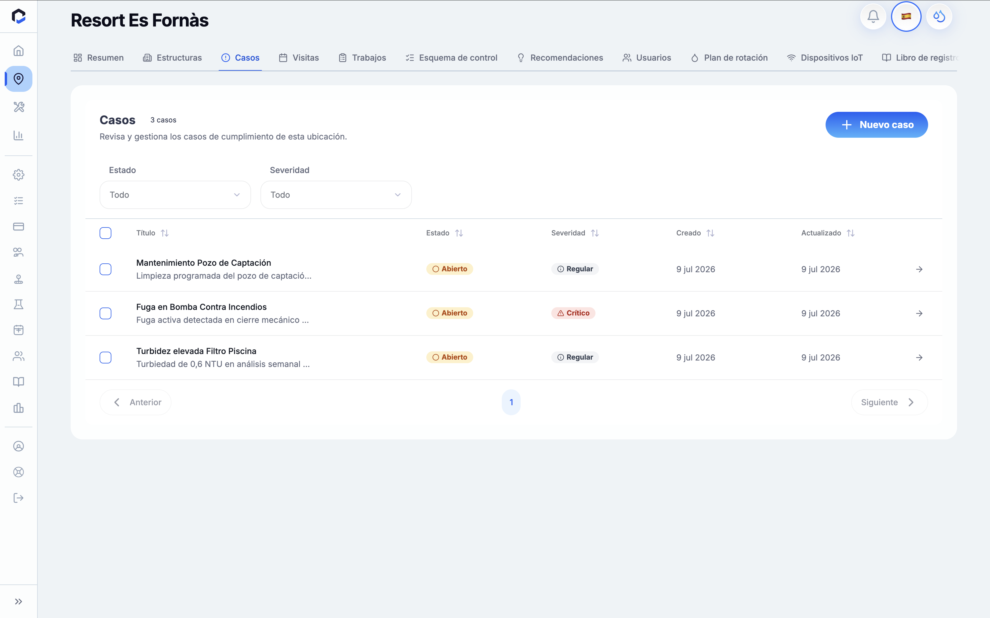 Cases screen in BriqSafe web-app, used for reviewing and managing compliance cases at Resort Es Fornàs, with a key action to create a new case via the "New Case" button.