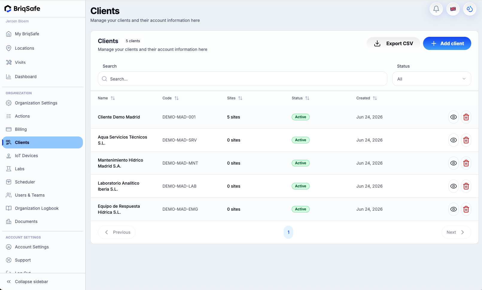 Clients screen for managing client accounts with options to search, view, delete clients, add a new client, and export client data as CSV.