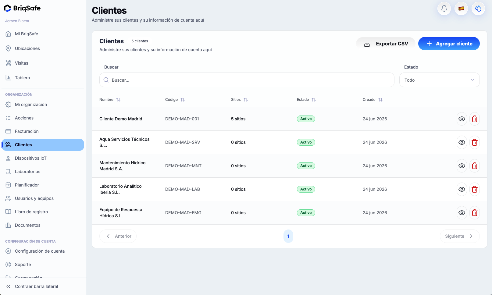 Clients screen for managing client accounts with options to search, view, delete clients, add a new client, and export client data as CSV.